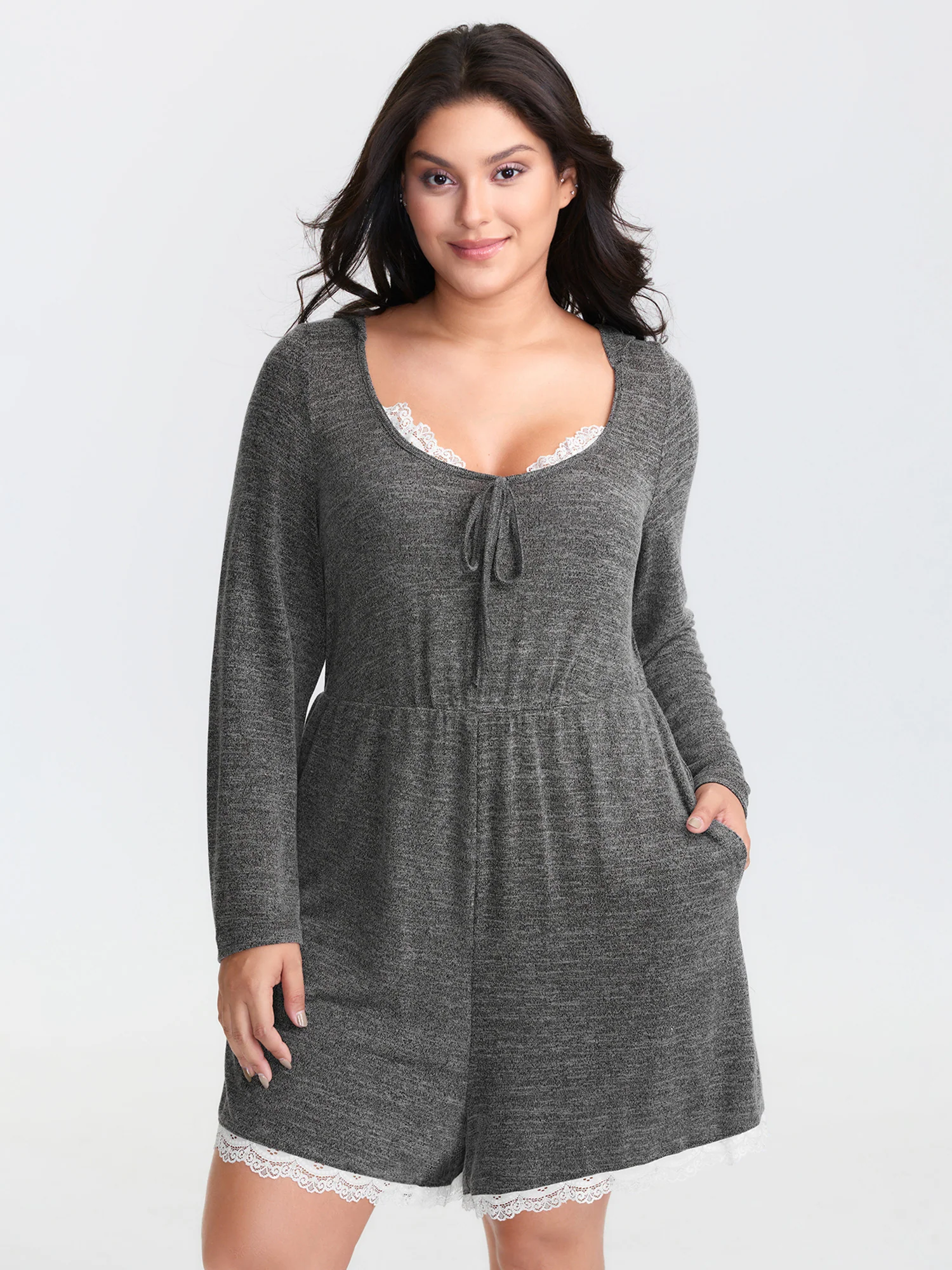 Stretchy Color Contrast Drawstring Pajama Romper - Image 3