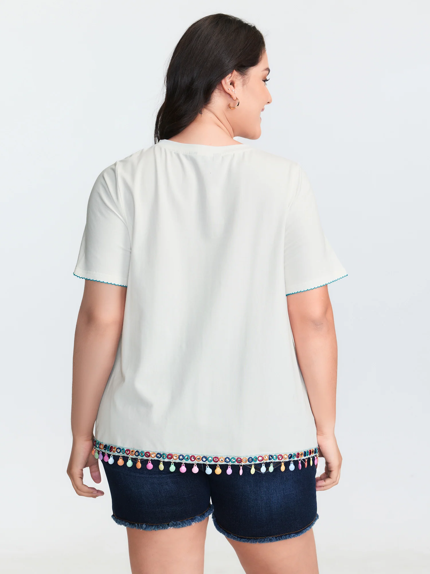 Cotton Stretchy Colorful Tassels Round Neck T-Shirt - Image 6