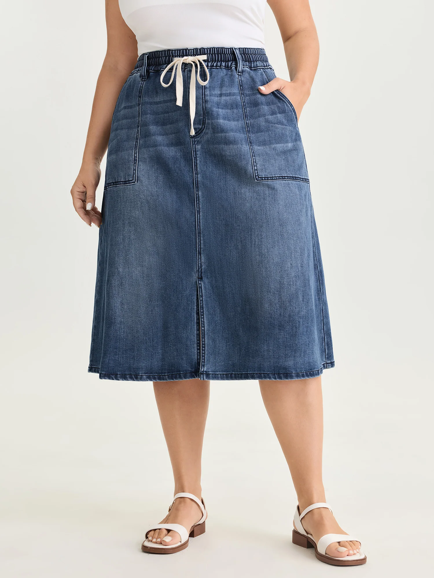 Stretchy Contrast Drawstring Waist Midi Denim Skirt - Image 2