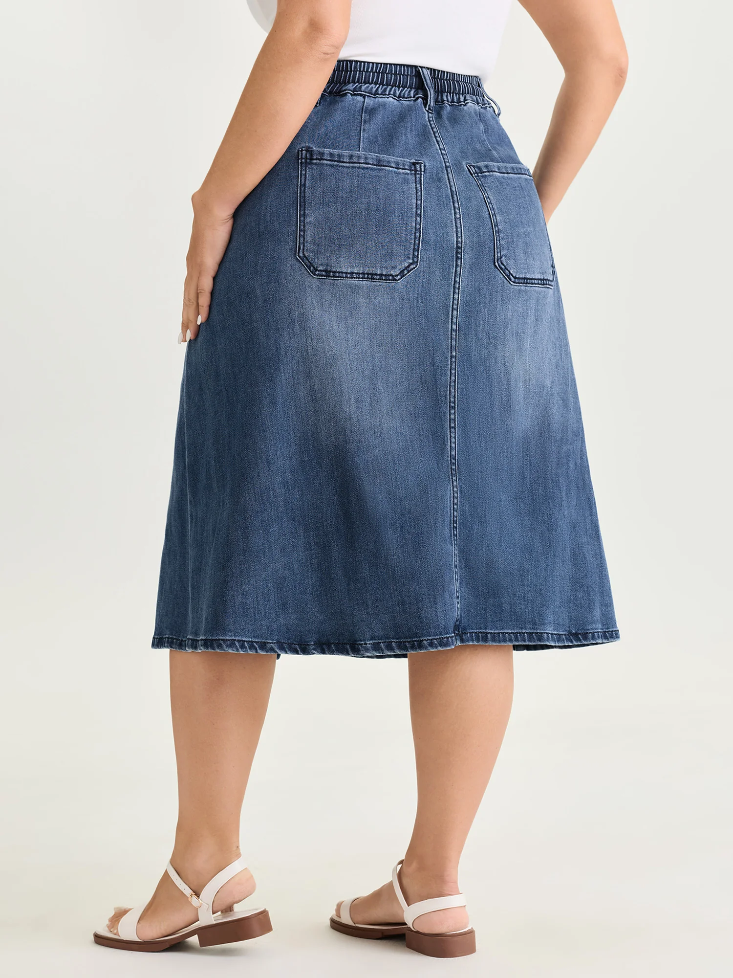 Stretchy Contrast Drawstring Waist Midi Denim Skirt - Image 6