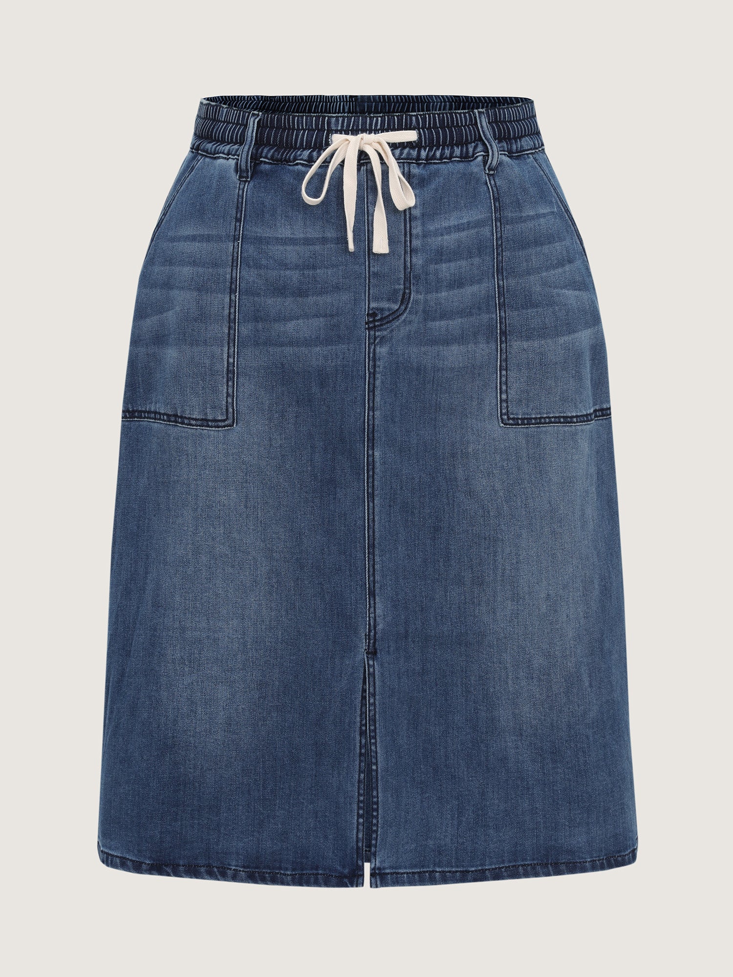 Stretchy Contrast Drawstring Waist Midi Denim Skirt - Image 9
