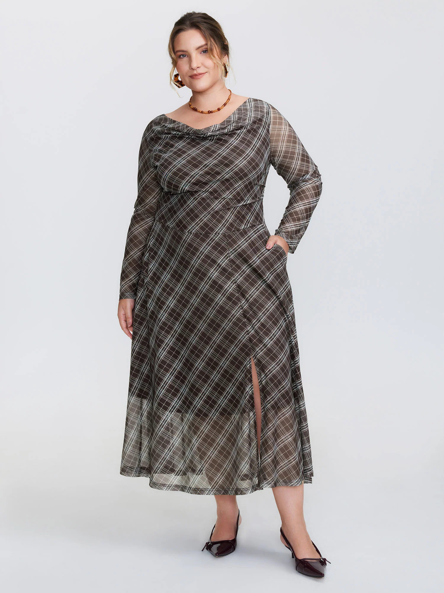Stretchy Cowl Neckline Slit Pockets Maxi Dress - Image 2