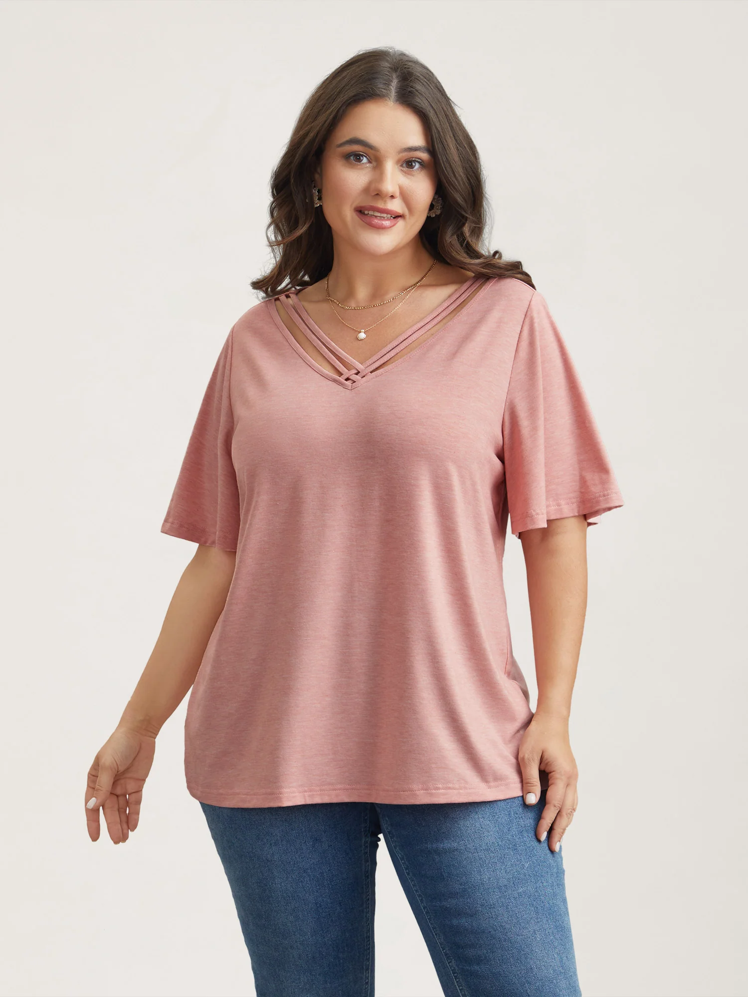 Stretchy Cross-Straps Lotus Leaf Sleeve Top - Image 2