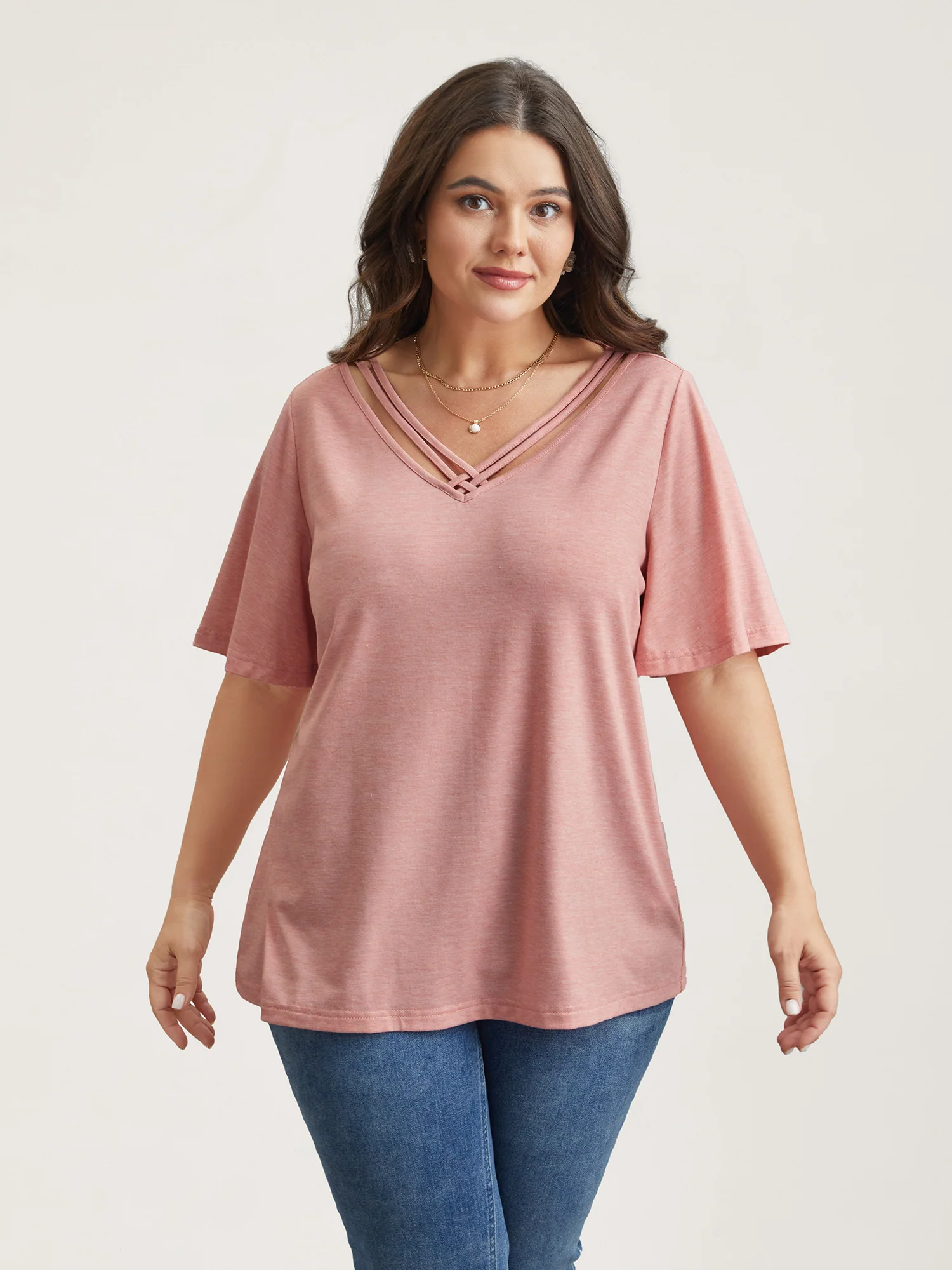 Stretchy Cross-Straps Lotus Leaf Sleeve Top - Image 3