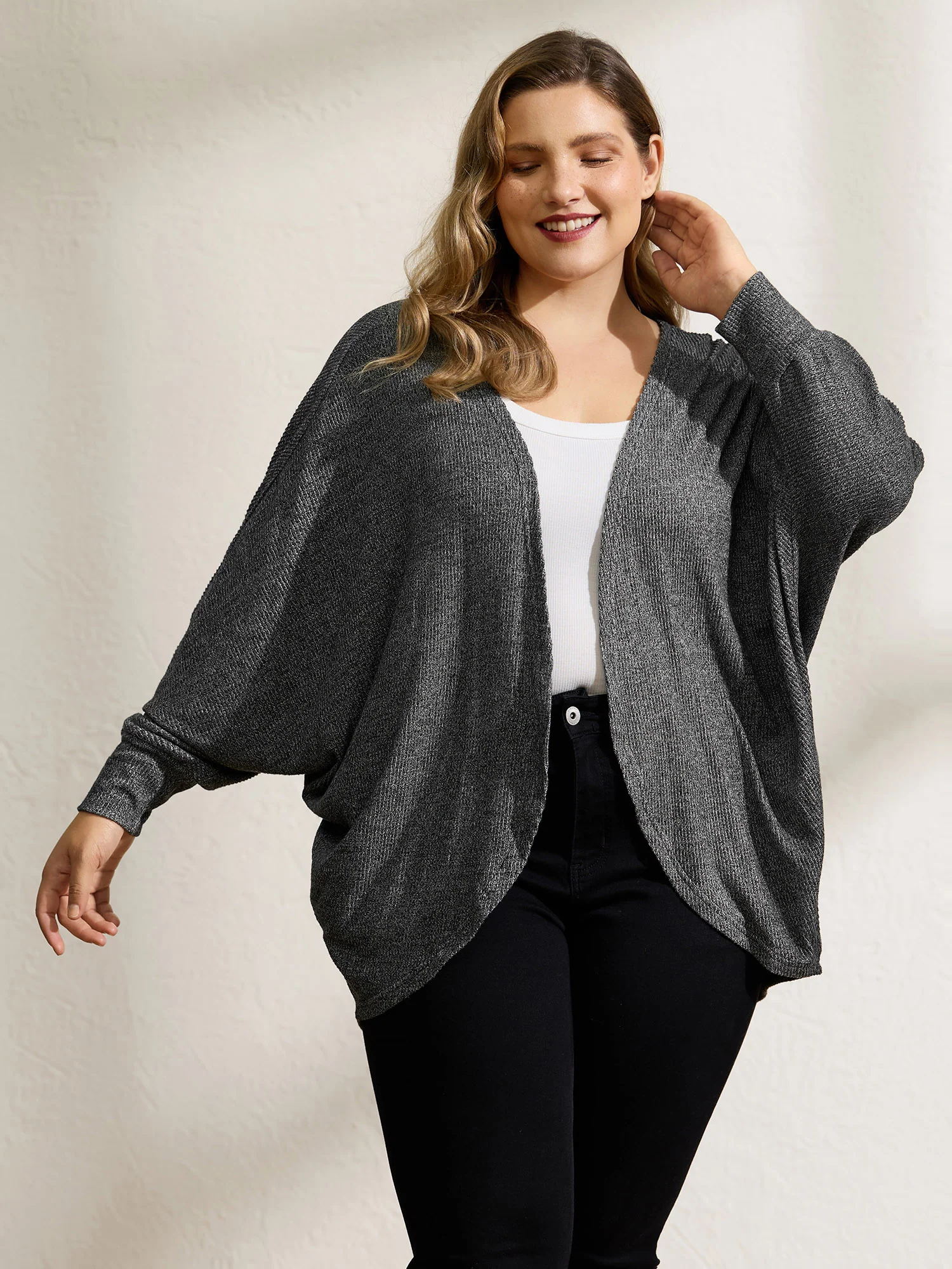 Stretchy Curvy Hem Open-Front Cardigan - Image 2