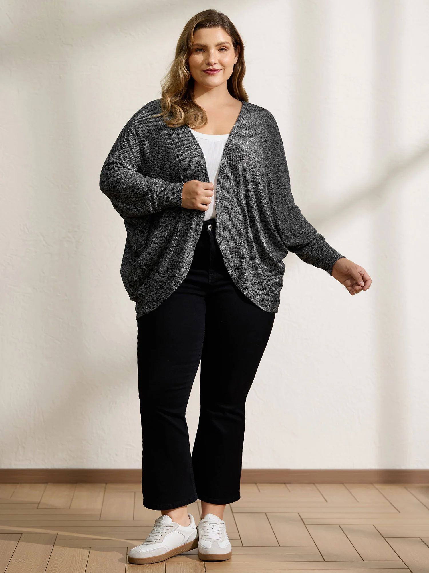 Stretchy Curvy Hem Open-Front Cardigan - Image 3