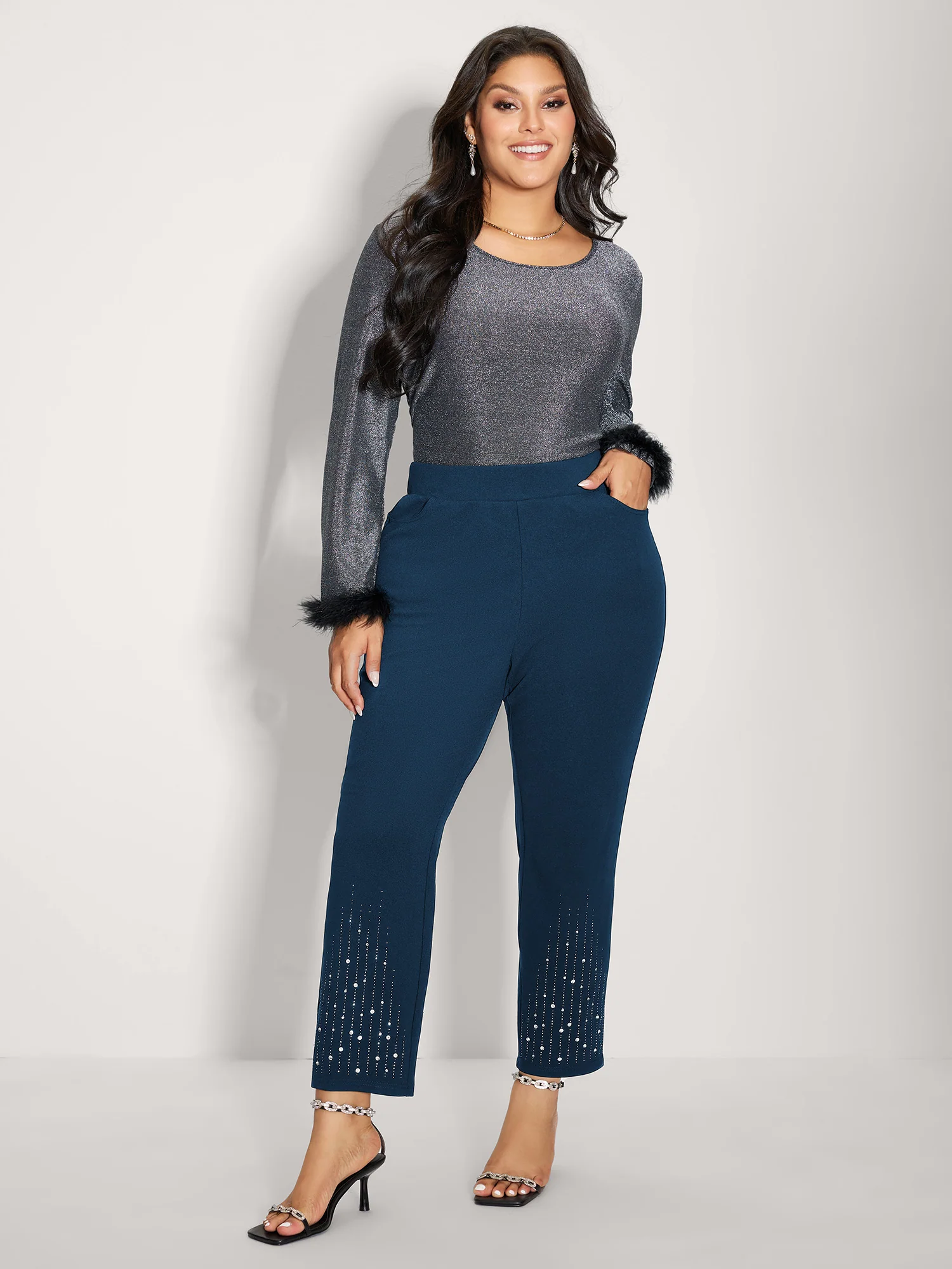 Stretchy Diamond Detail Hem Pants - Image 12