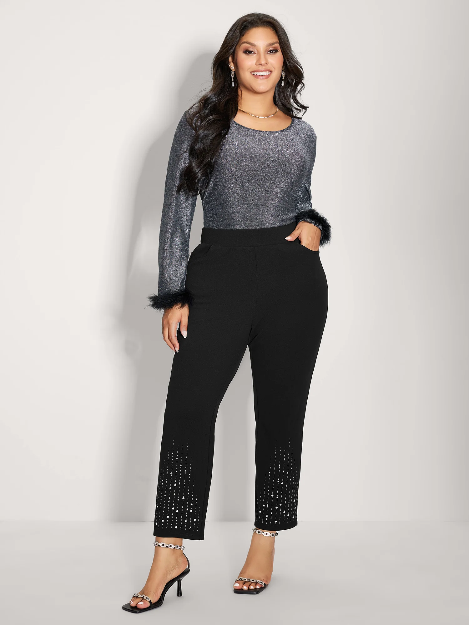 Stretchy Diamond Detail Hem Pants - Image 3