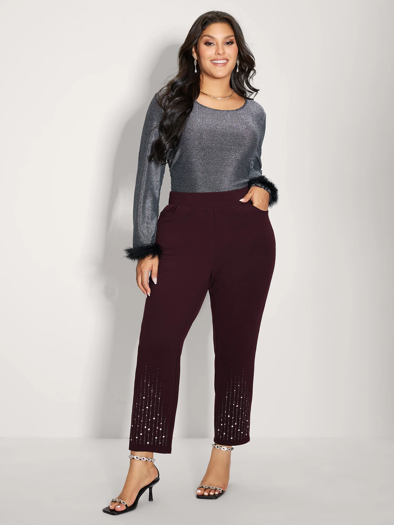 Stretchy Diamond Detail Hem Pants - Image 30