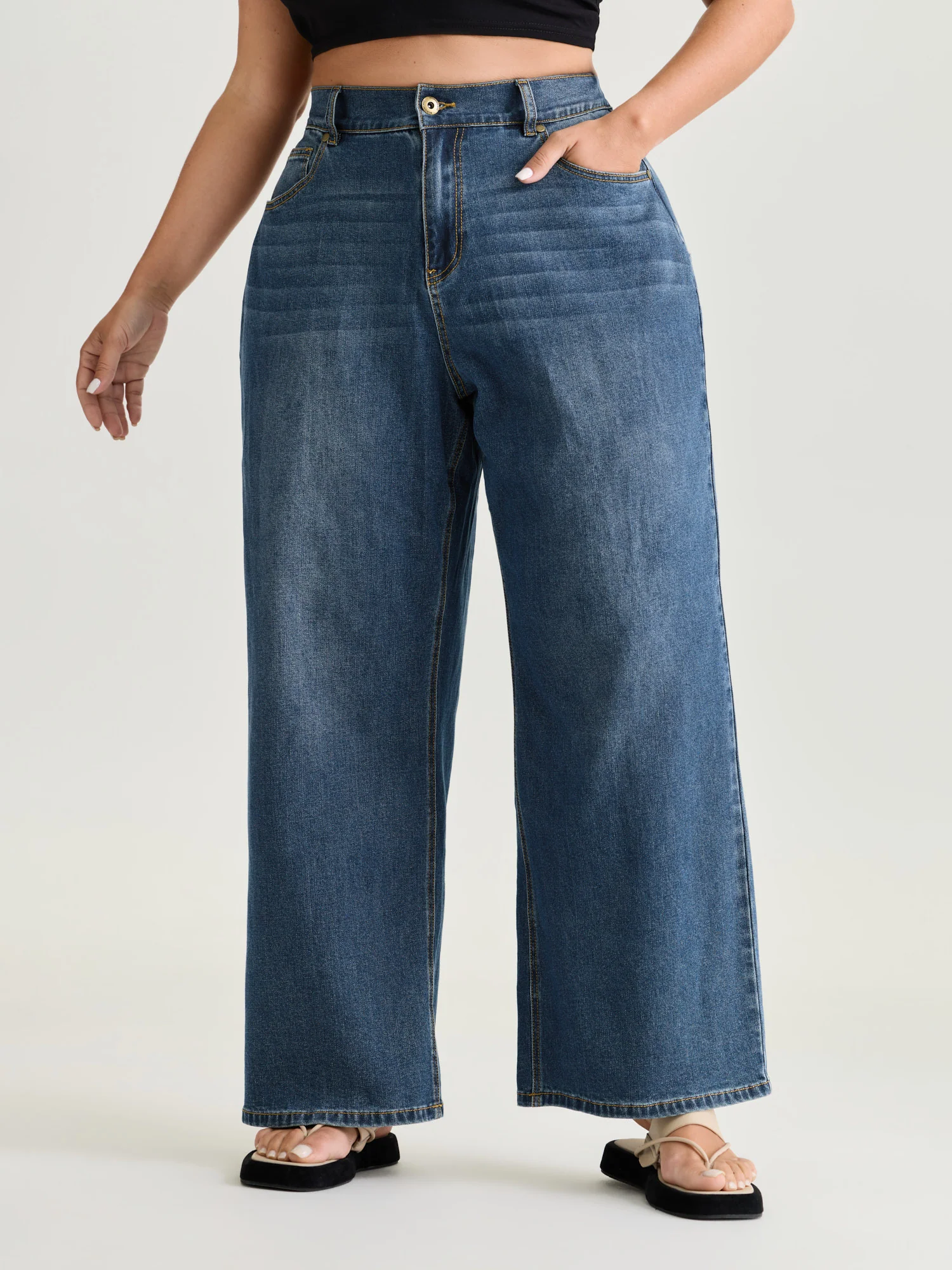 Stretchy Elastic Back Waist Wide-Leg Jeans - Image 2