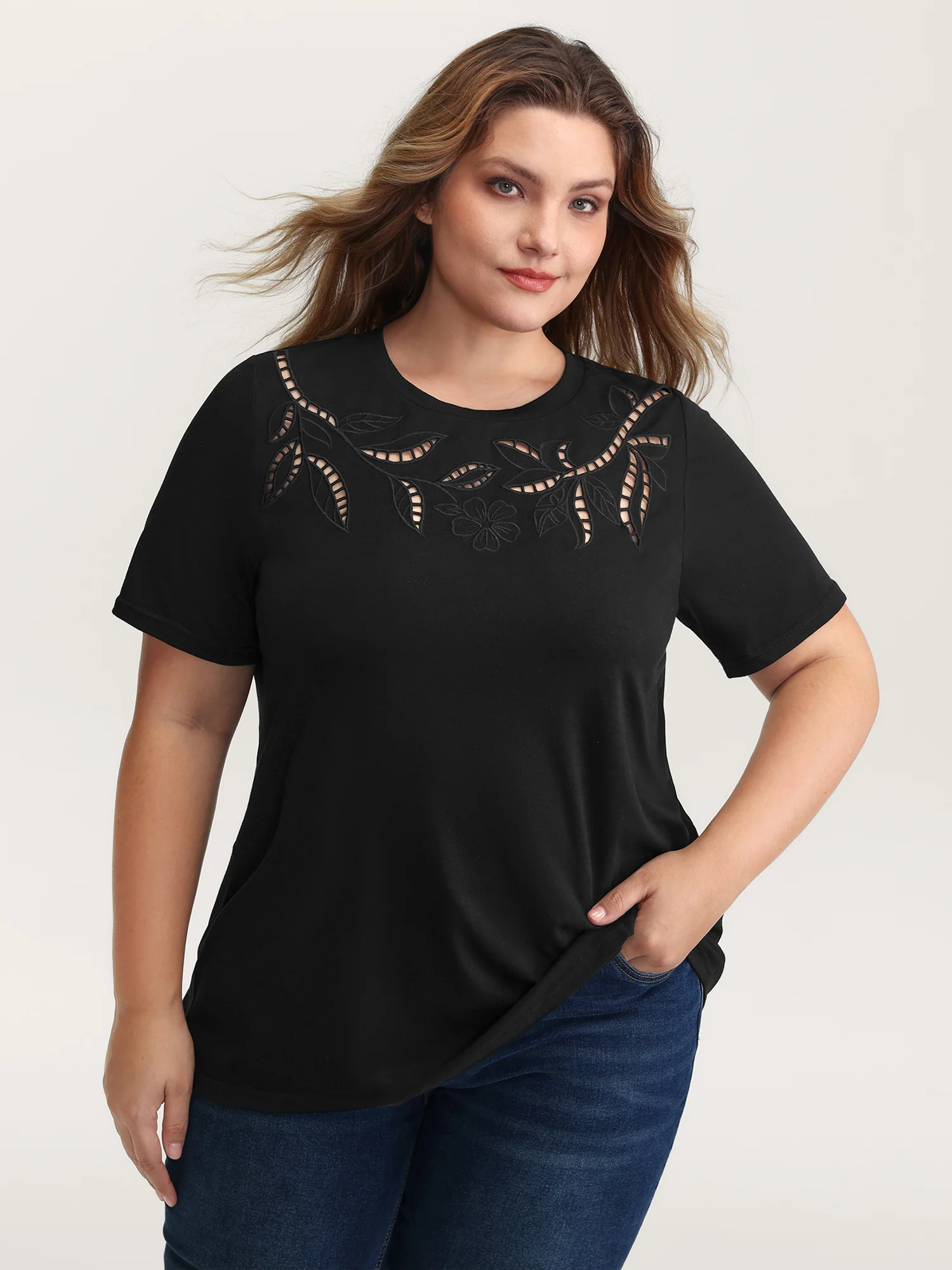 Stretchy Embroidered Cut-Out T-Shirt - Image 2