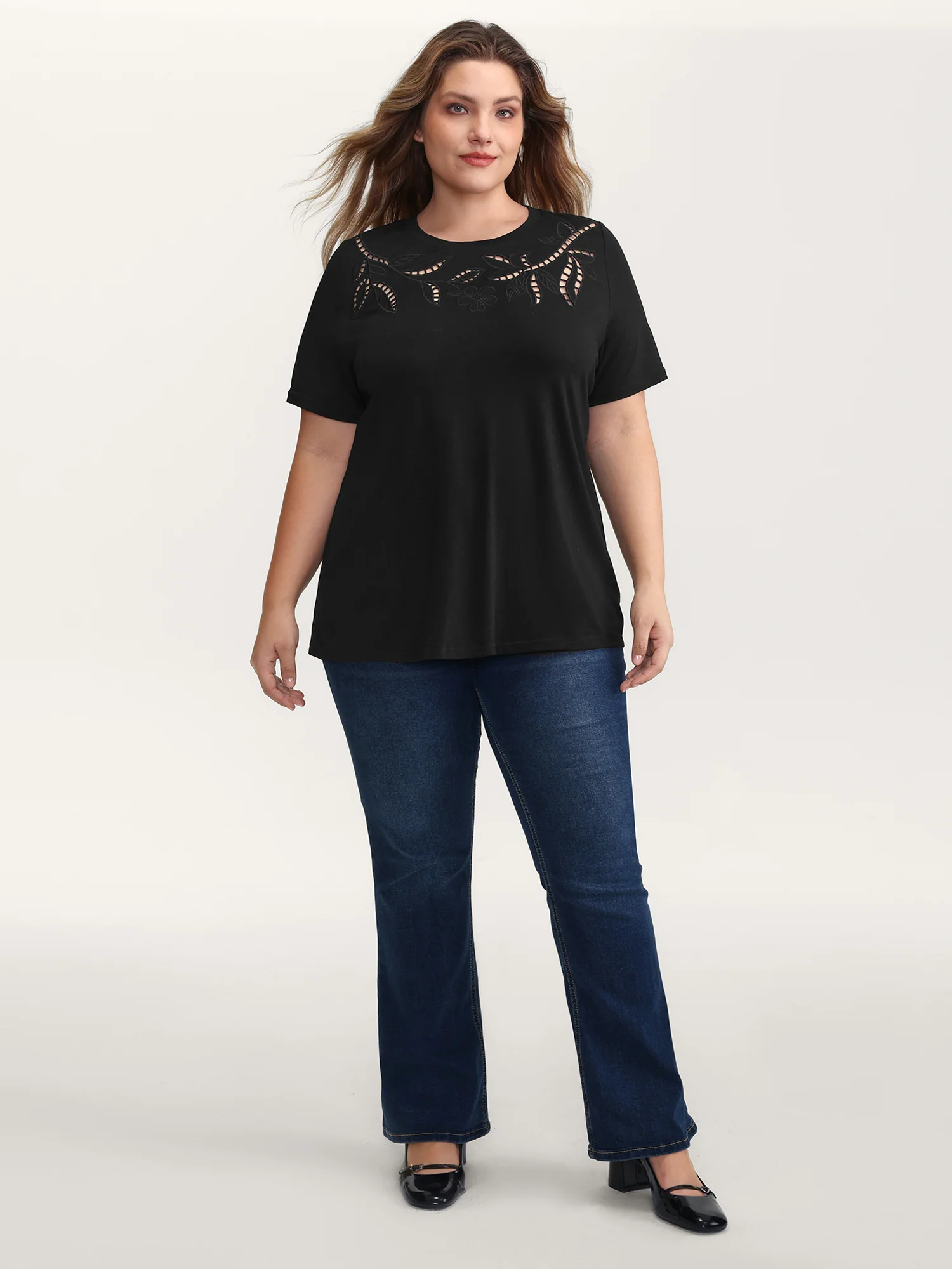 Stretchy Embroidered Cut-Out T-Shirt - Image 3