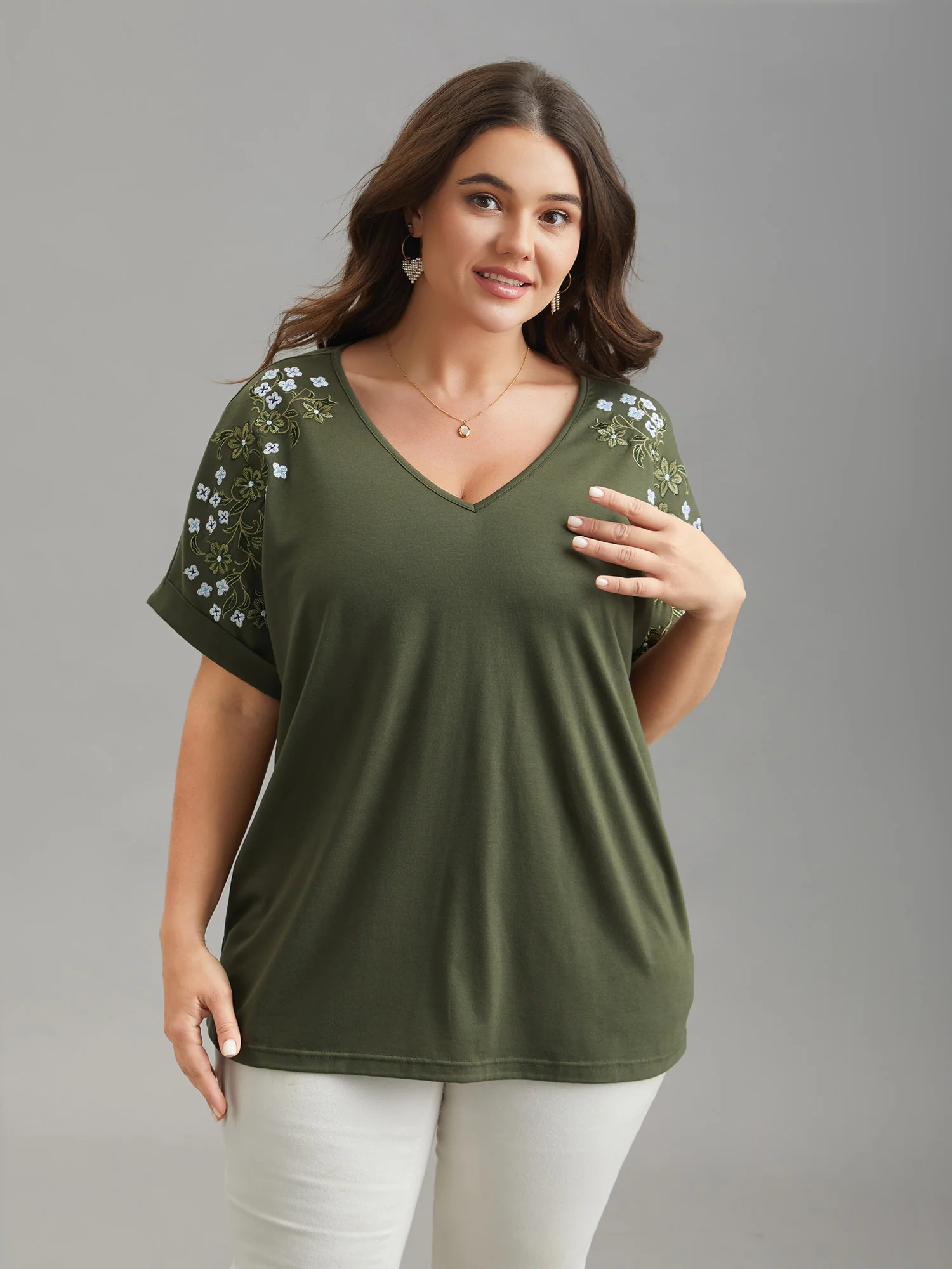 Stretchy Embroidered Drop Shoulder T-Shirt - Image 3