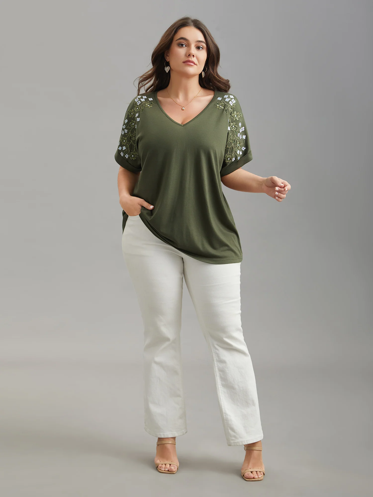 Stretchy Embroidered Drop Shoulder T-Shirt - Image 4