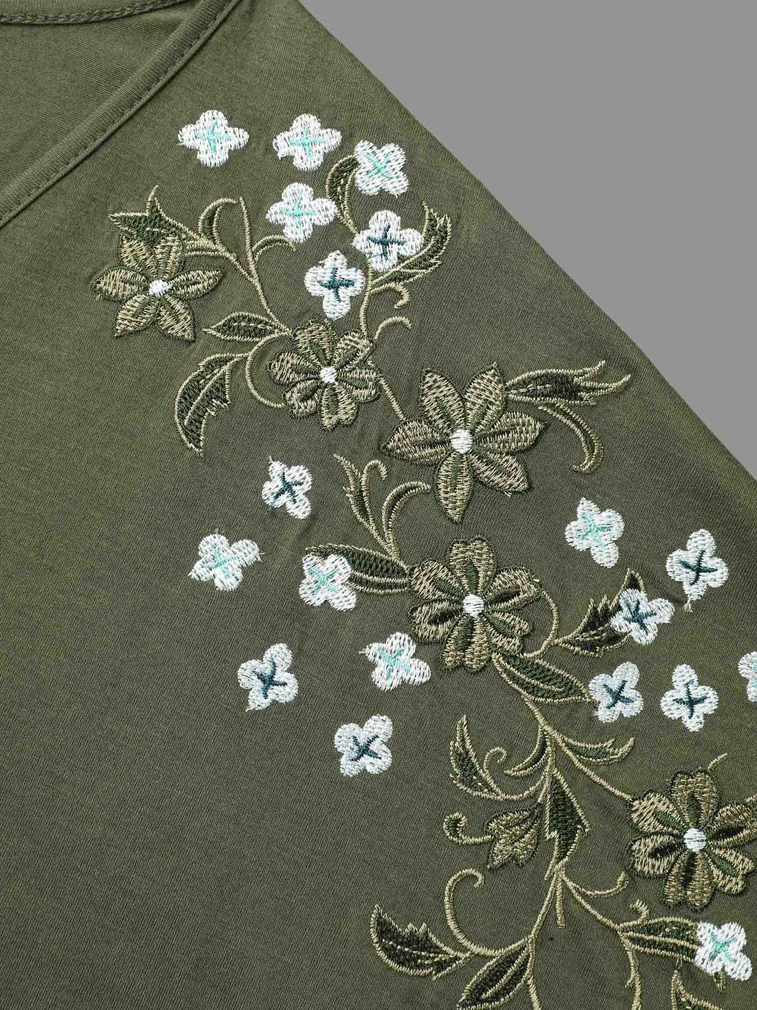 Stretchy Embroidered Drop Shoulder T-Shirt - Image 6
