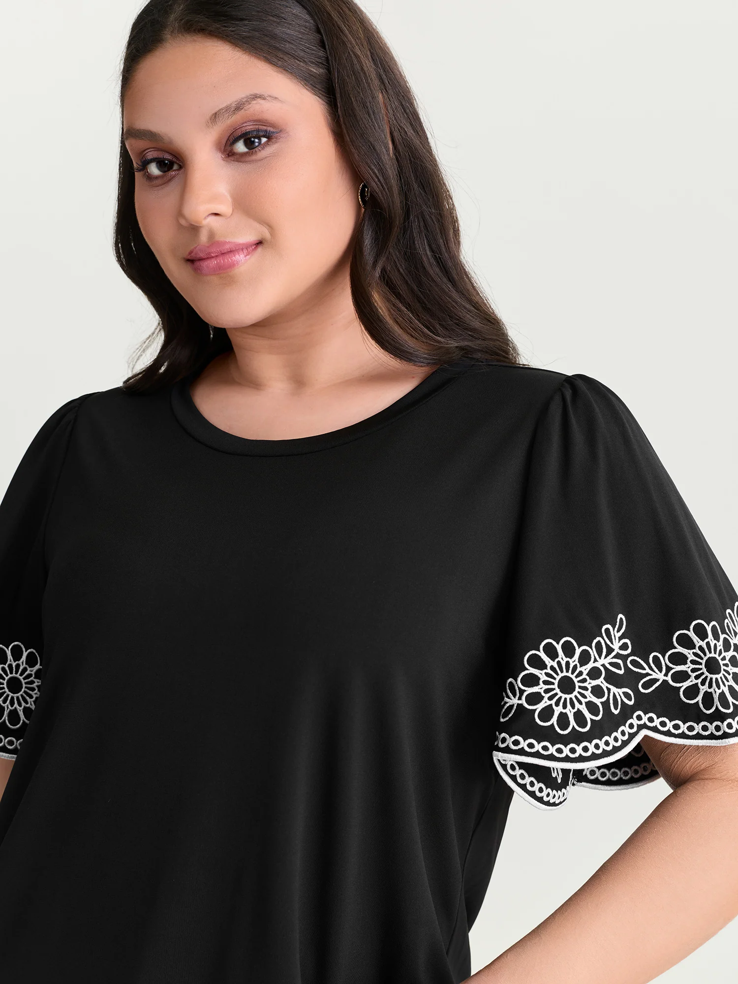 Stretchy Embroidered Sleeve Plain T-Shirt - Image 2