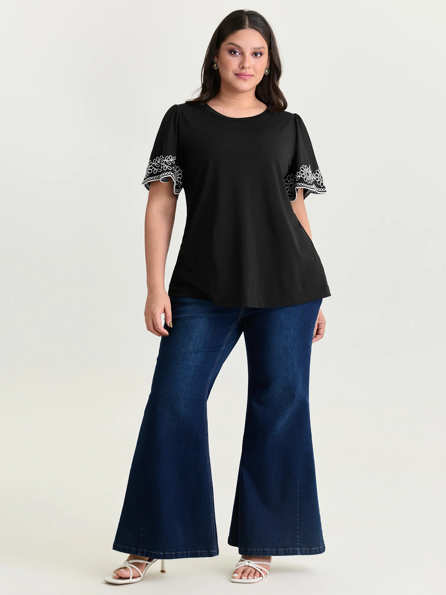 Stretchy Embroidered Sleeve Plain T-Shirt - Image 4