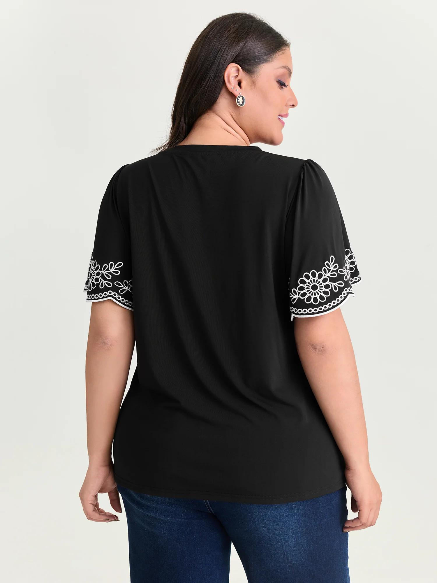 Stretchy Embroidered Sleeve Plain T-Shirt - Image 5