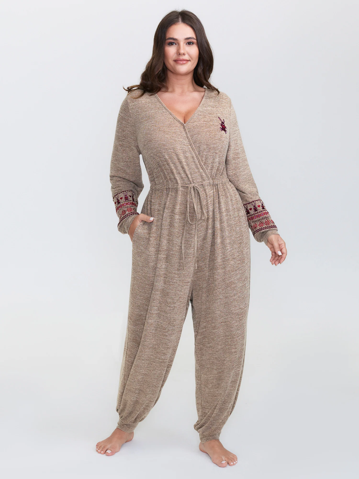 Stretchy Embroidery Pockets Drawstring Lounge Jumpsuit - Image 3