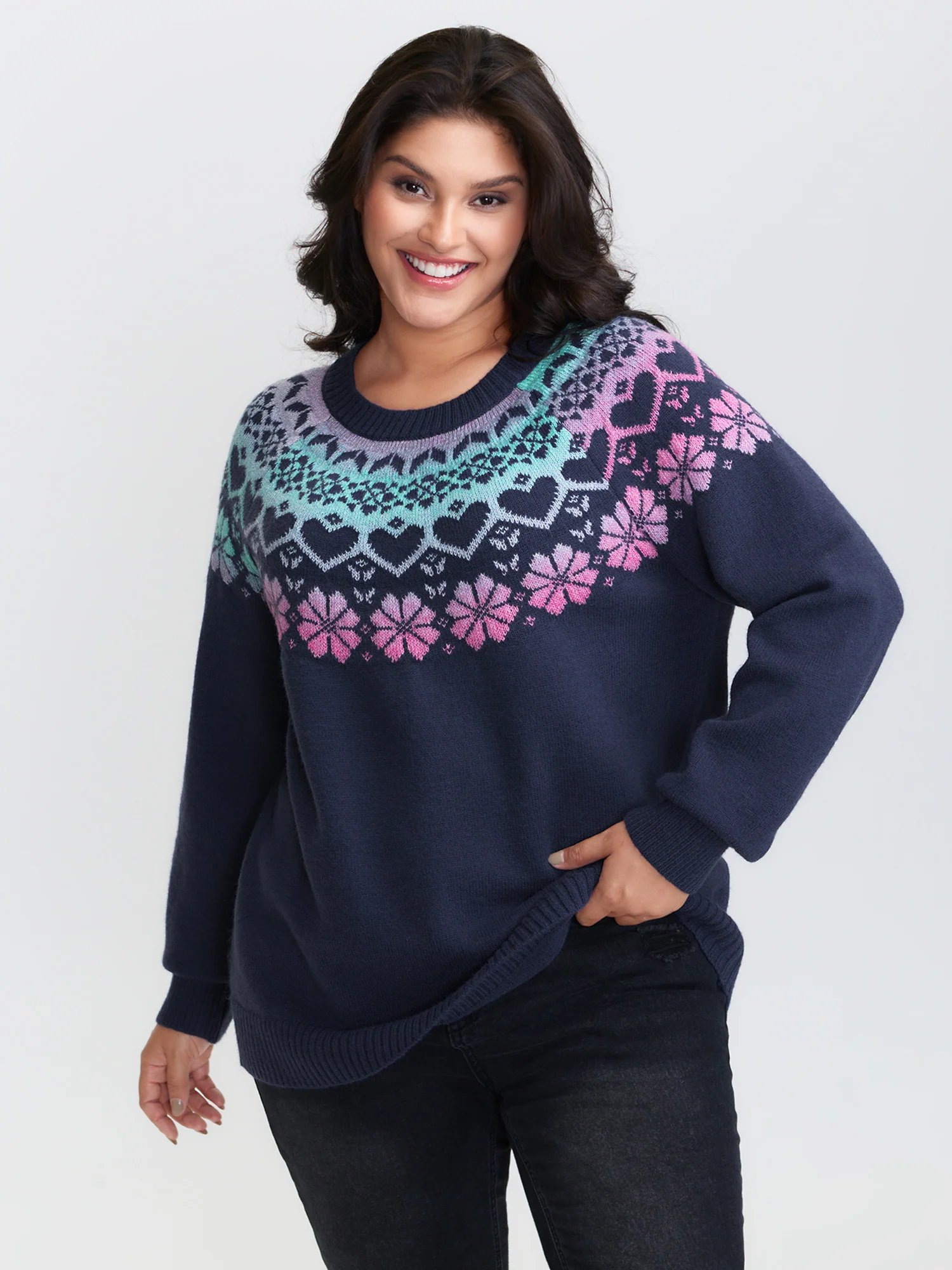 Stretchy Floral Color Gradient Jacquard Pullover - Image 2