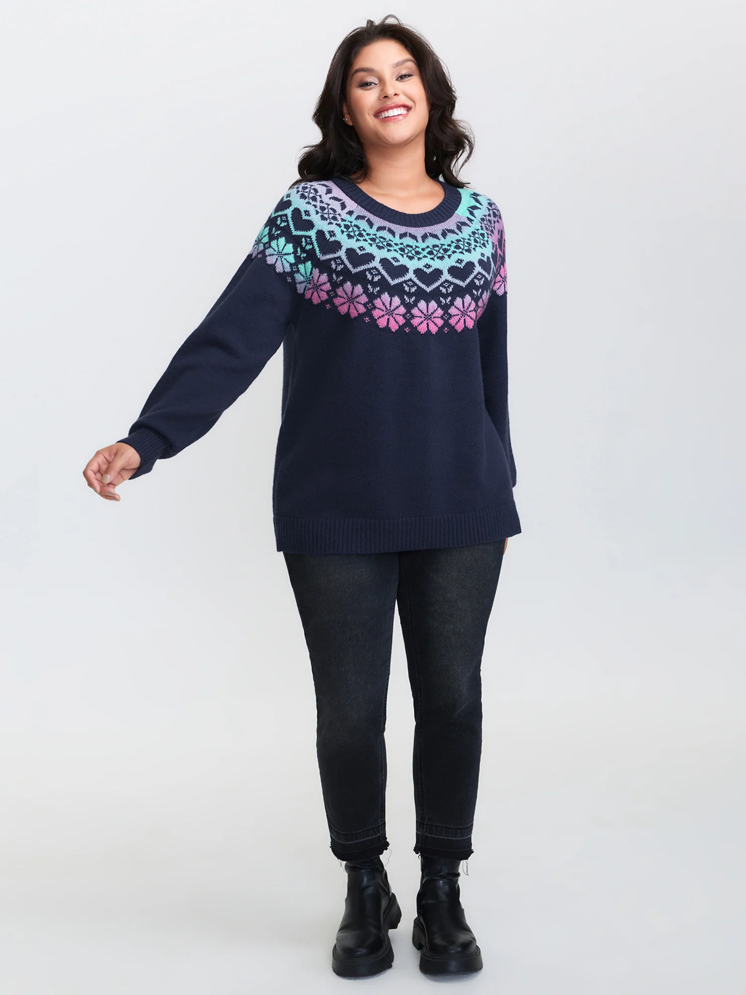 Stretchy Floral Color Gradient Jacquard Pullover - Image 3