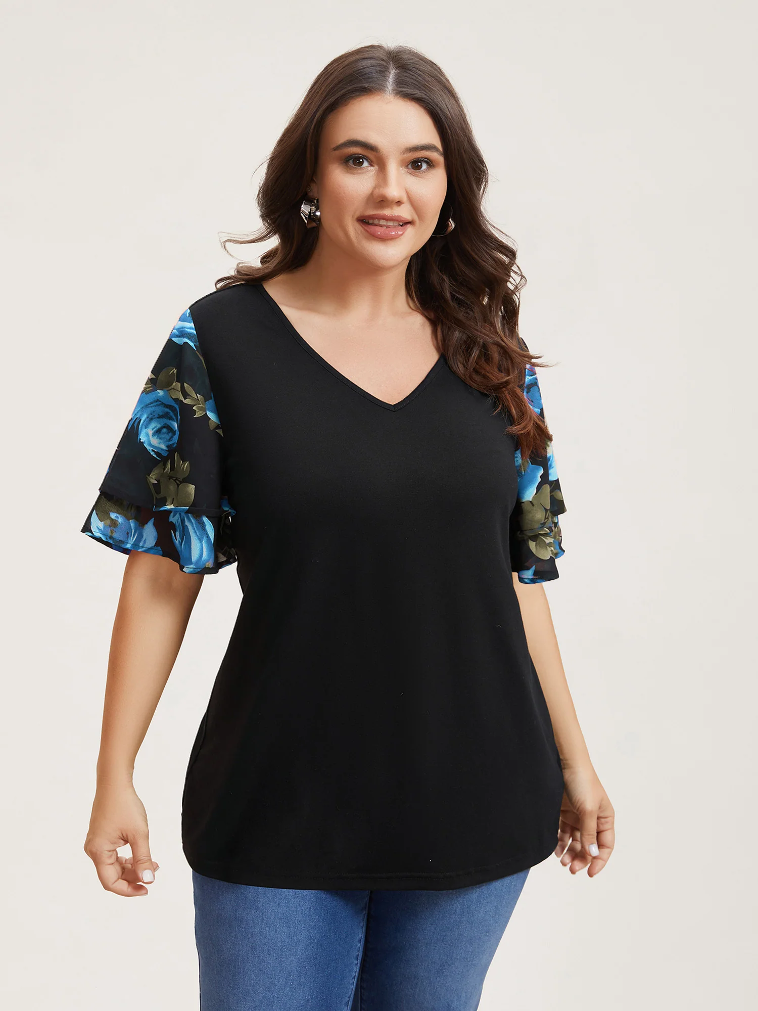 Stretchy Floral Lotus Sleeve V-Neck T-Shirt - Image 10