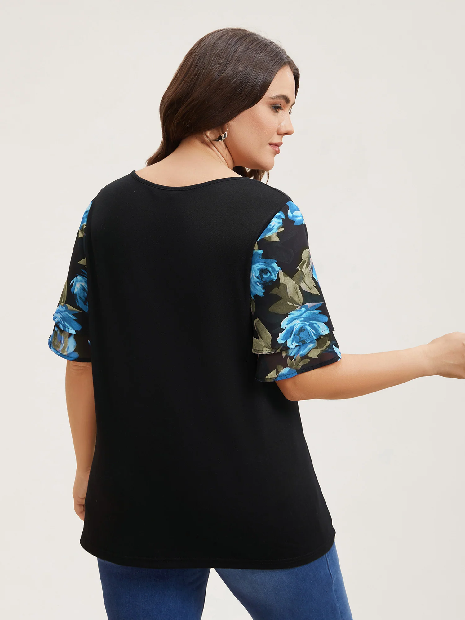 Stretchy Floral Lotus Sleeve V-Neck T-Shirt - Image 11
