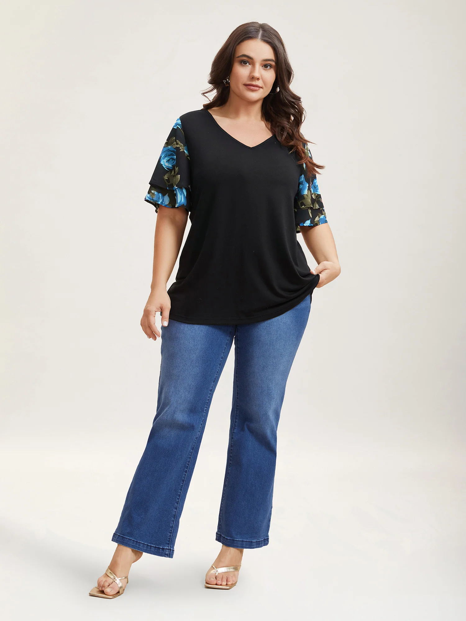 Stretchy Floral Lotus Sleeve V-Neck T-Shirt - Image 12