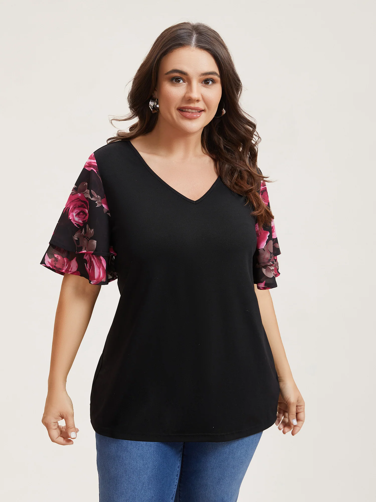 Stretchy Floral Lotus Sleeve V-Neck T-Shirt - Image 3