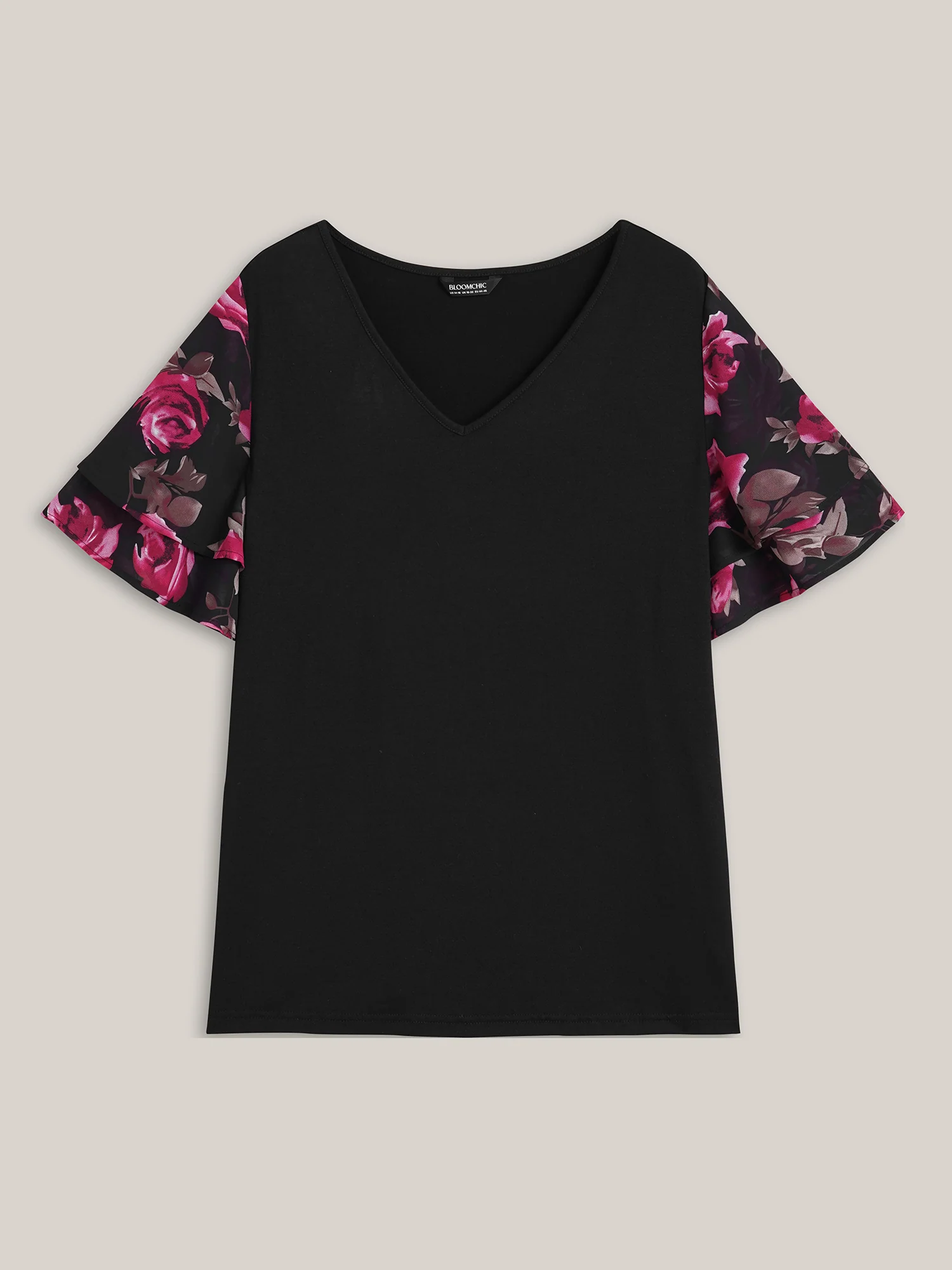 Stretchy Floral Lotus Sleeve V-Neck T-Shirt - Image 7