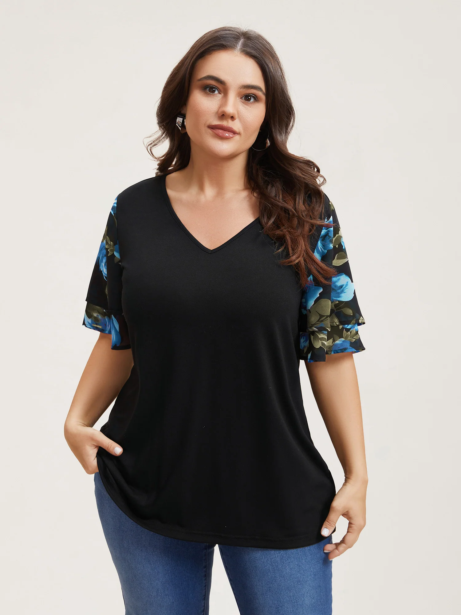 Stretchy Floral Lotus Sleeve V-Neck T-Shirt - Image 8