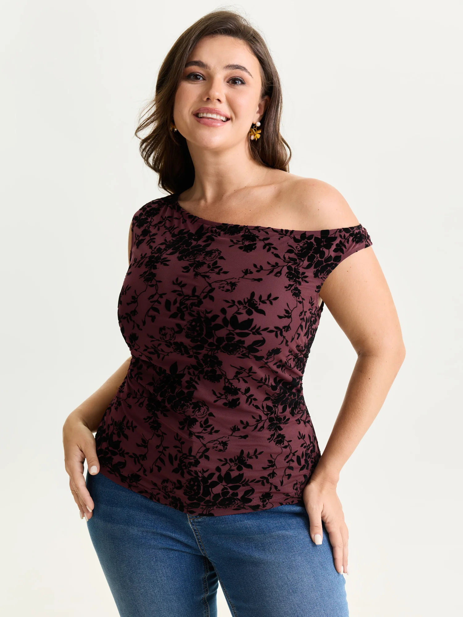 Stretchy Floral Mesh Print Drop Shoulder Knit Top - Image 2