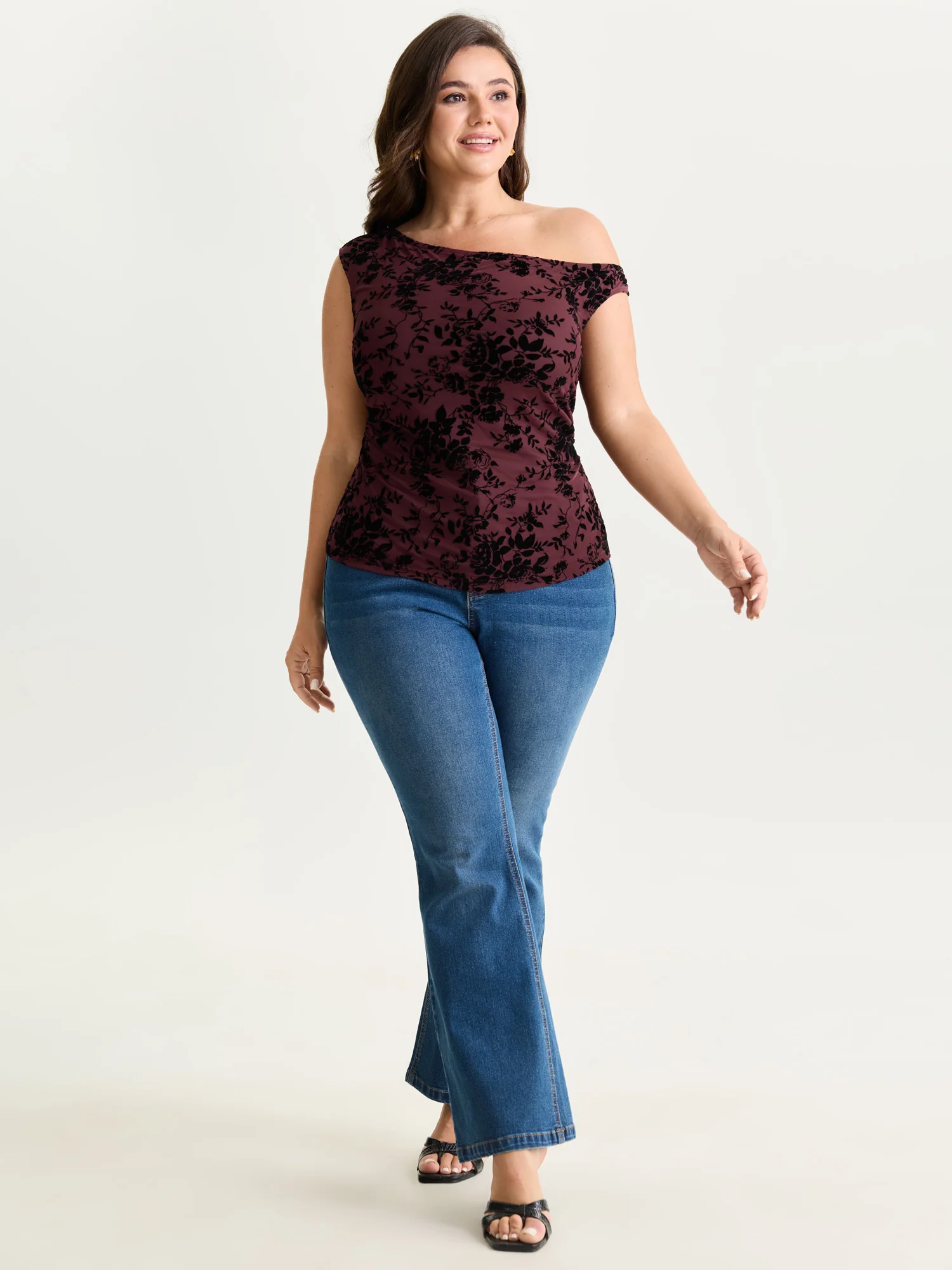 Stretchy Floral Mesh Print Drop Shoulder Knit Top - Image 3