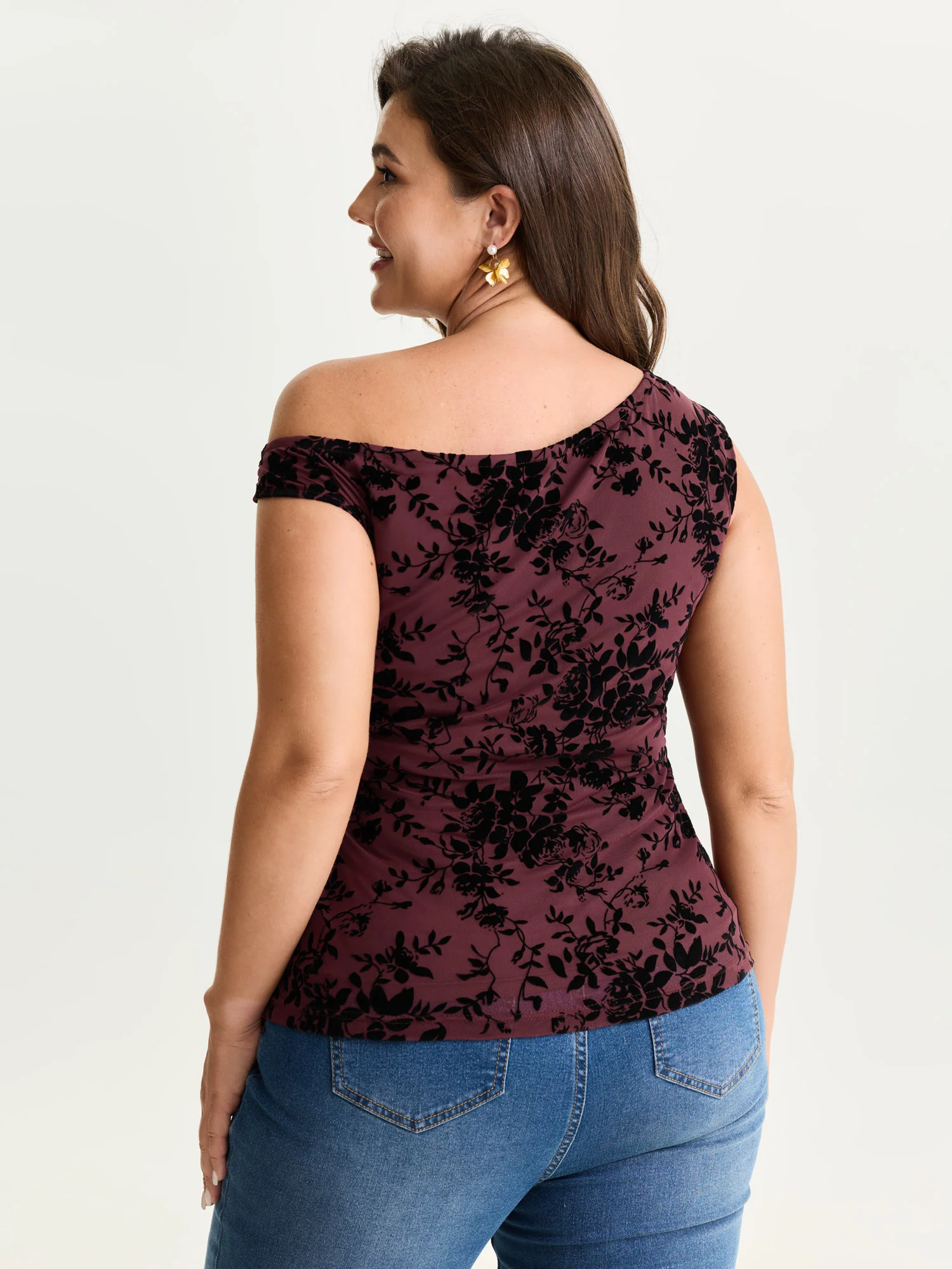 Stretchy Floral Mesh Print Drop Shoulder Knit Top - Image 5