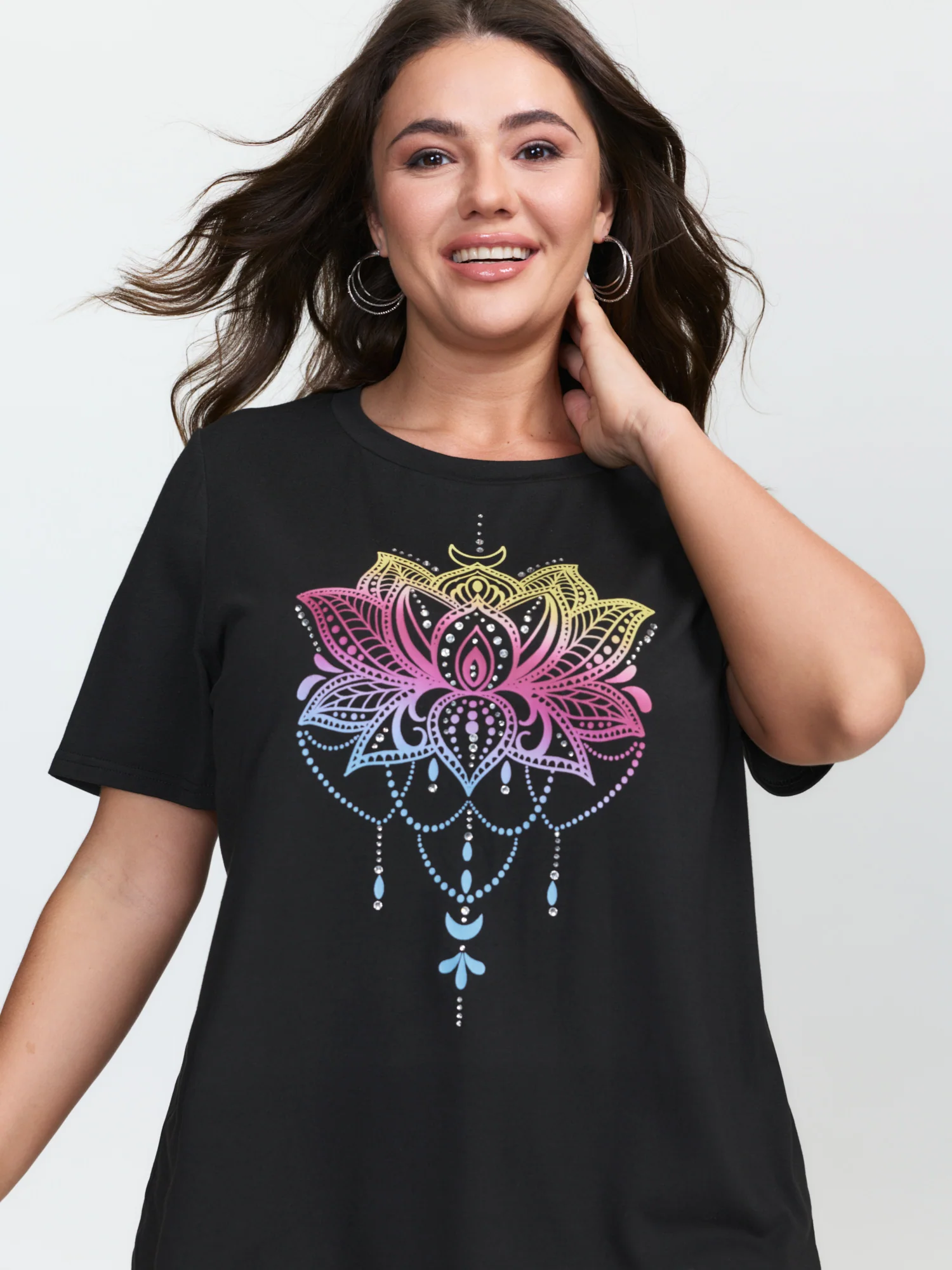 Stretchy Floral Pattern Round Neck T-Shirt - Image 2