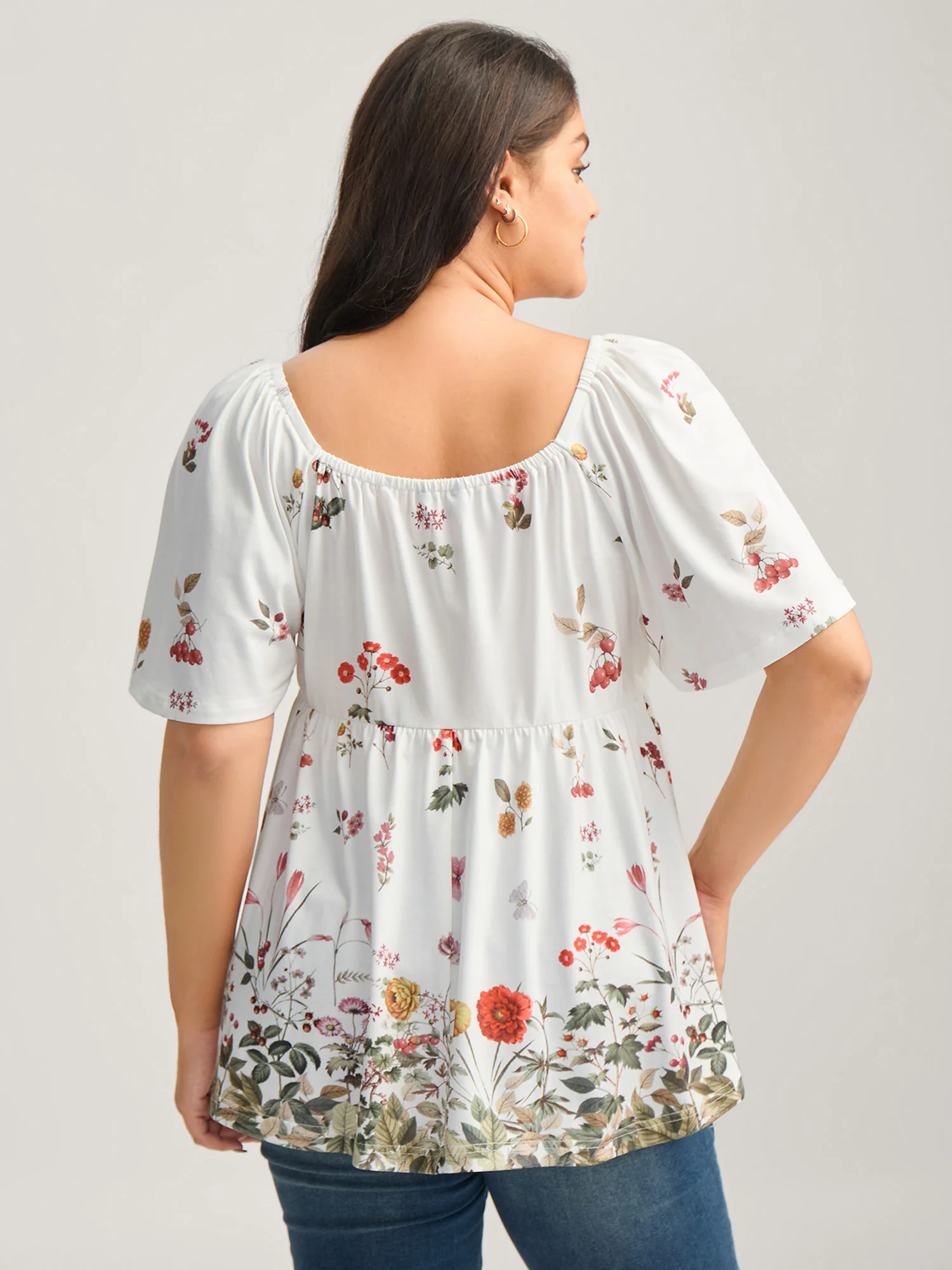 Stretchy Floral Print Babydoll Knit Top - Image 4