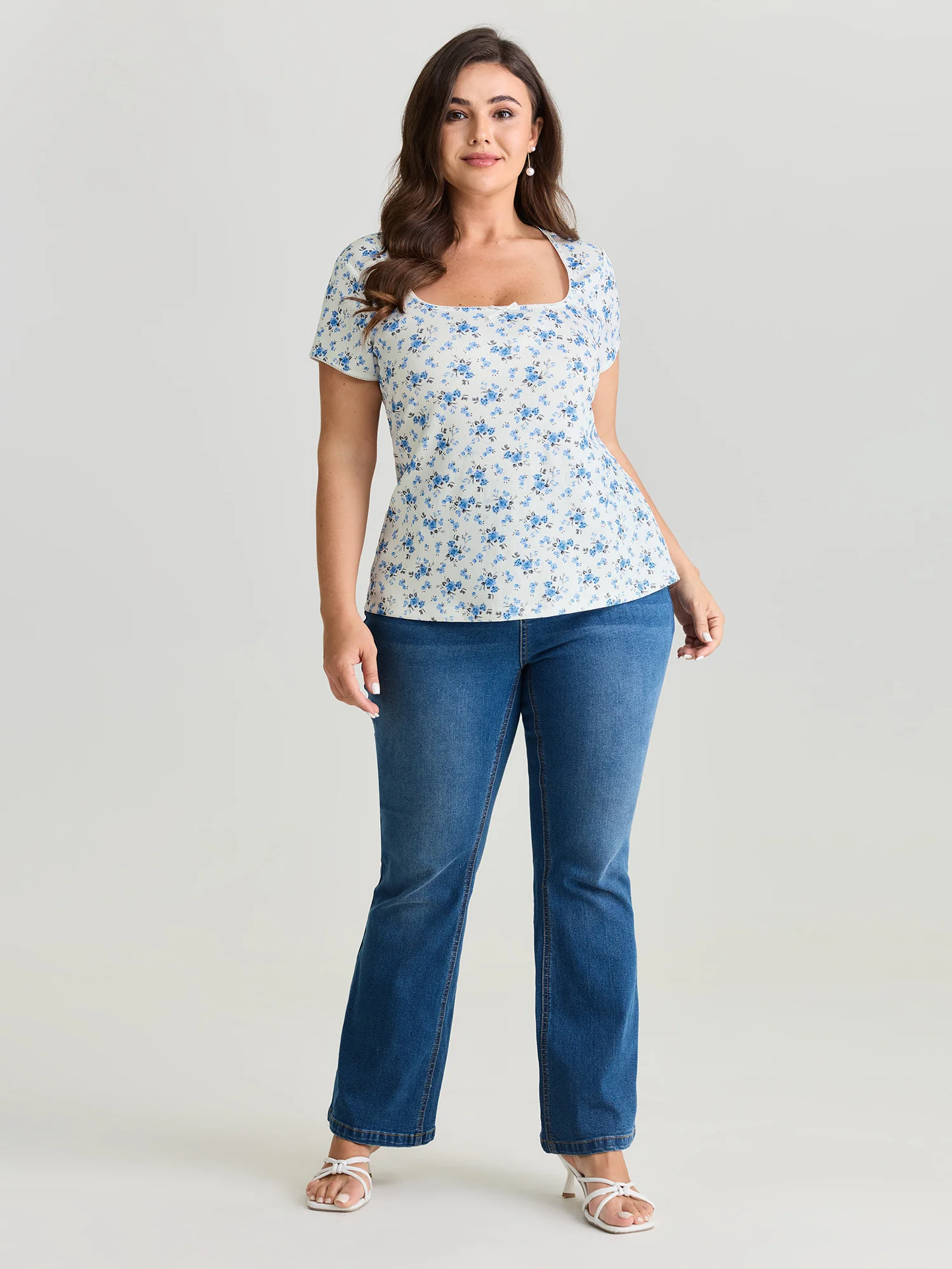 Stretchy Floral Print Curvy Hem T-Shirt - Image 3
