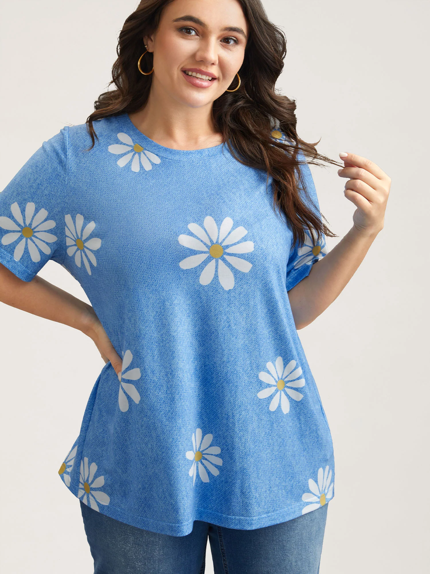 Stretchy Floral Print Round Neck T-shirt - Image 2