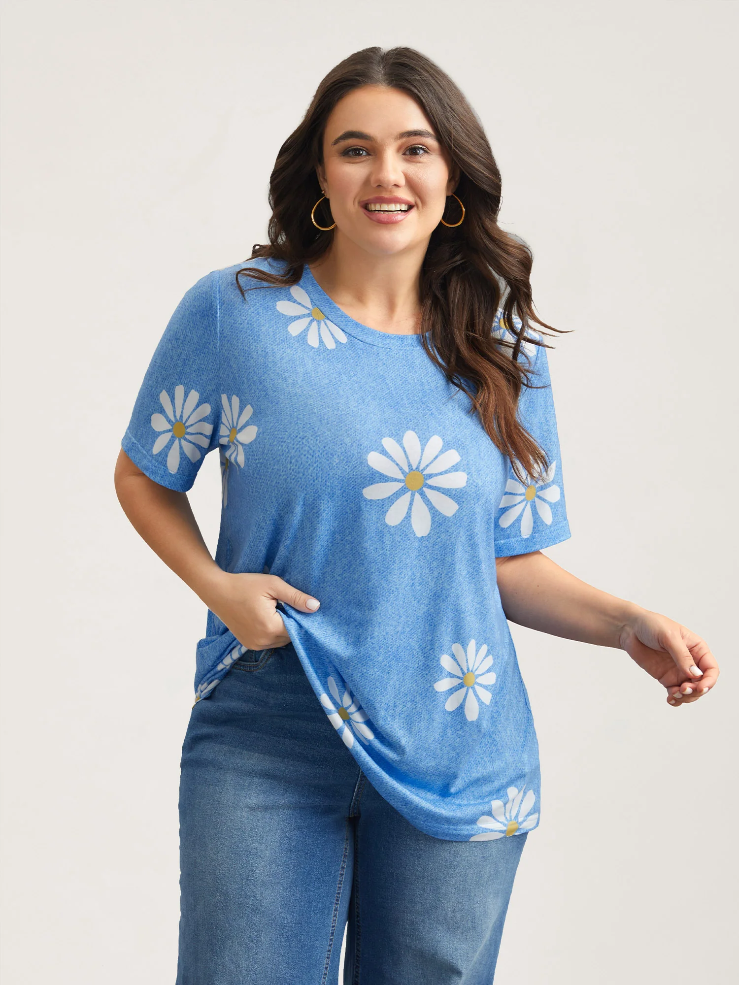 Stretchy Floral Print Round Neck T-shirt - Image 3