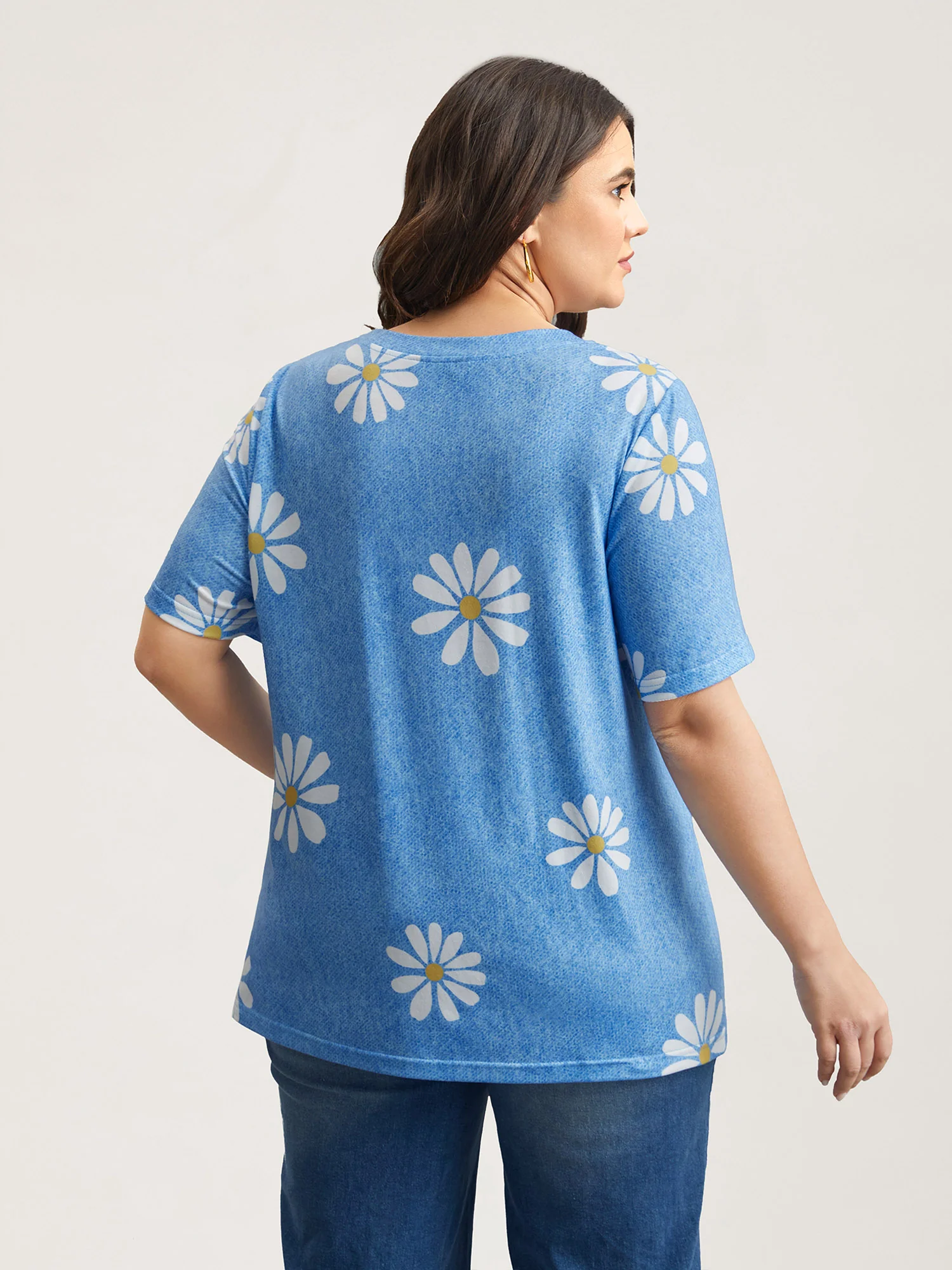 Stretchy Floral Print Round Neck T-shirt - Image 4