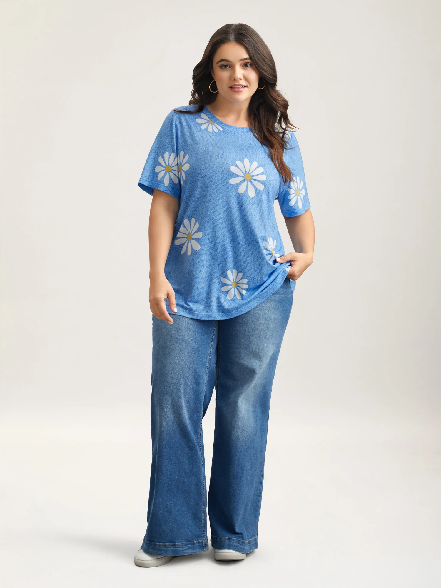 Stretchy Floral Print Round Neck T-shirt - Image 5