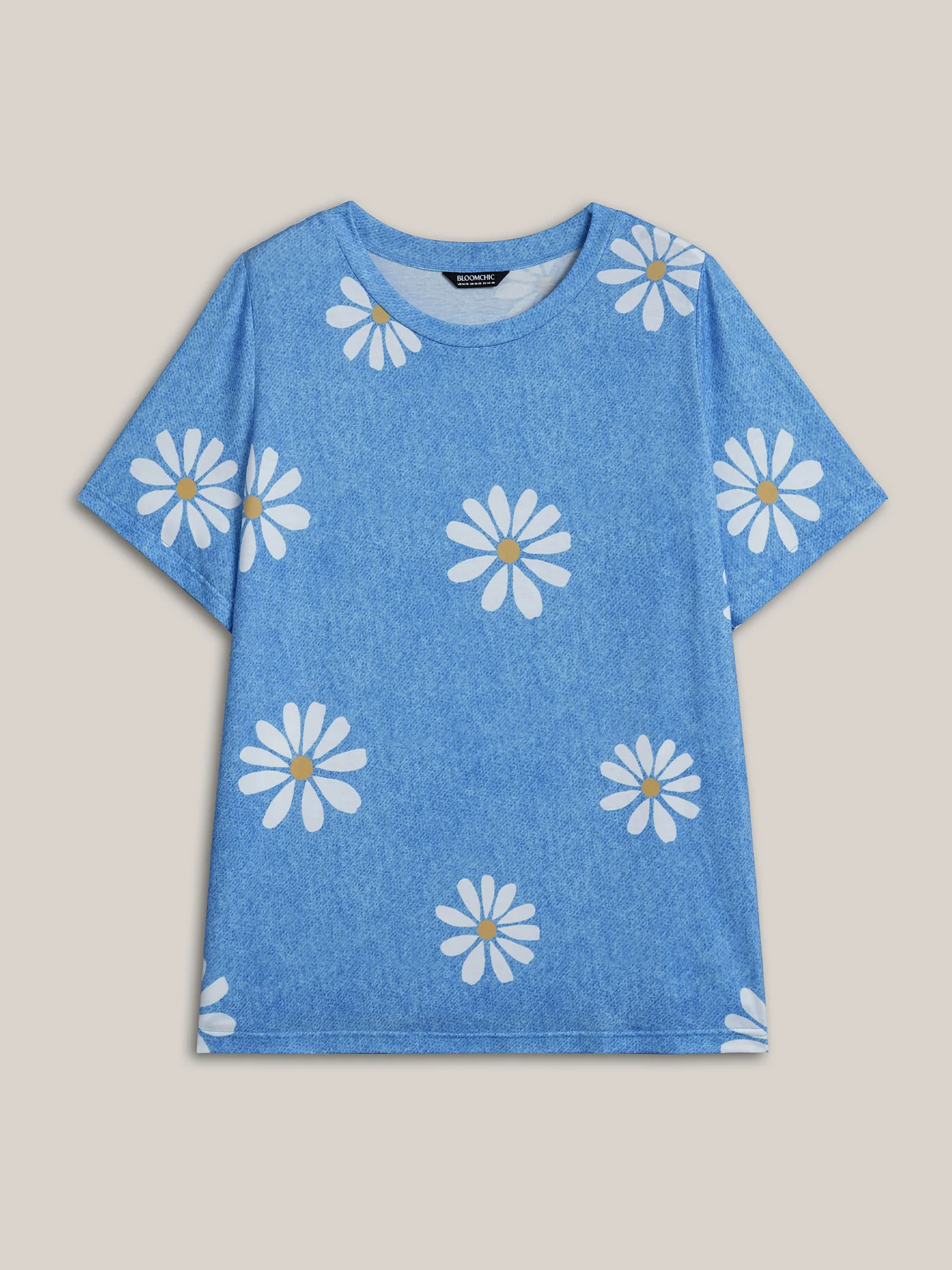 Stretchy Floral Print Round Neck T-shirt - Image 9