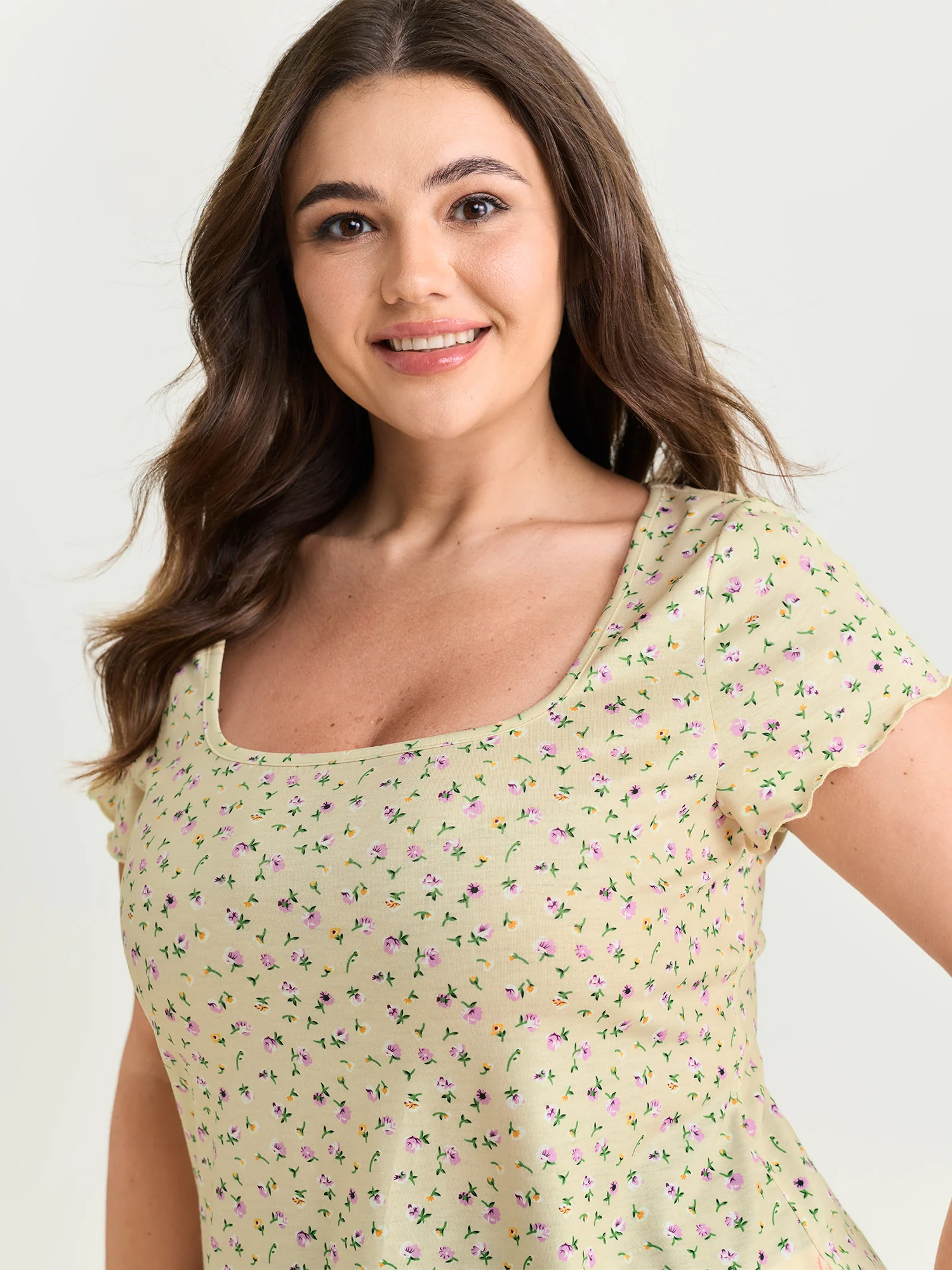 Stretchy Floral Print Square Neckline T-Shirt - Image 2