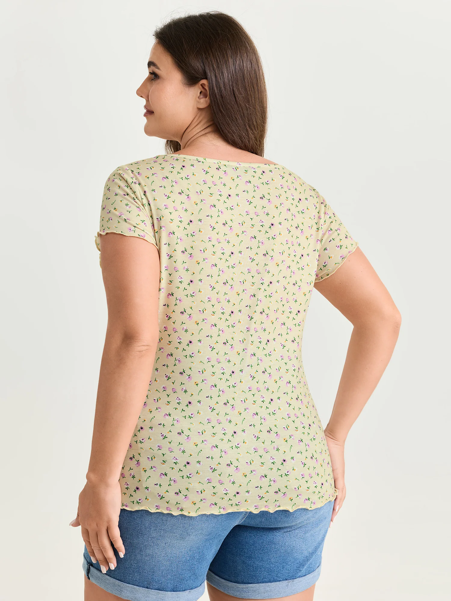 Stretchy Floral Print Square Neckline T-Shirt - Image 5