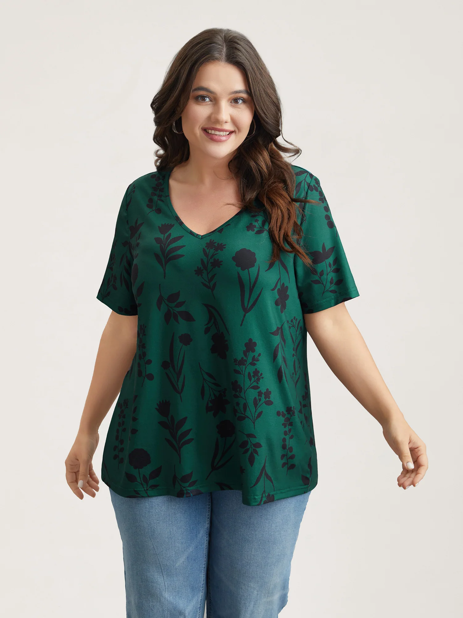 Stretchy Floral Print V-Neck T-Shirt - Image 2