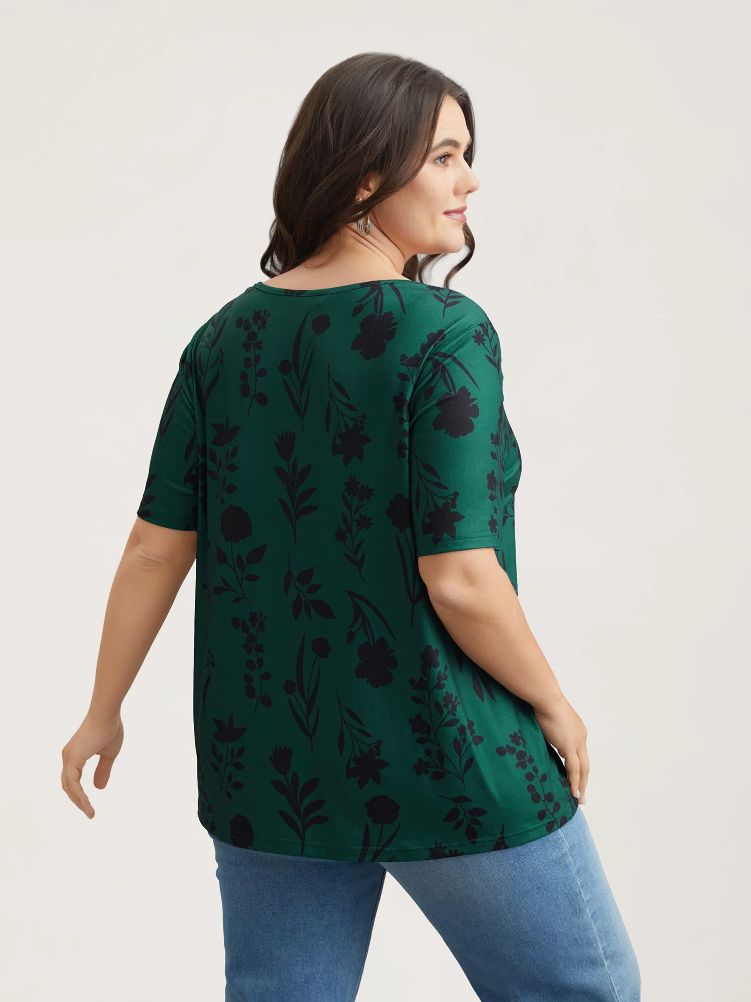 Stretchy Floral Print V-Neck T-Shirt - Image 4