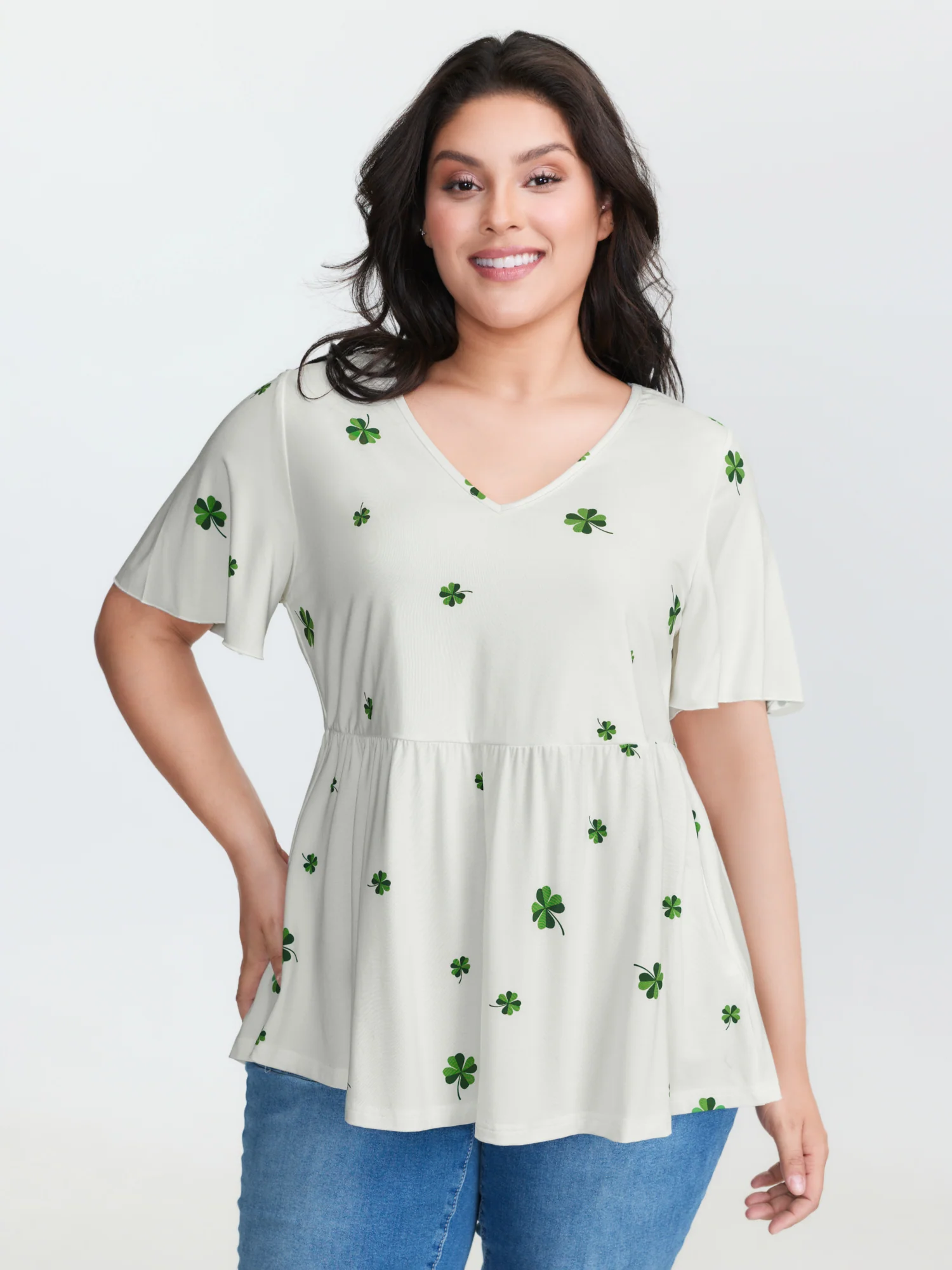 Stretchy Four Leaf Clover Print T-Shirt - Image 2