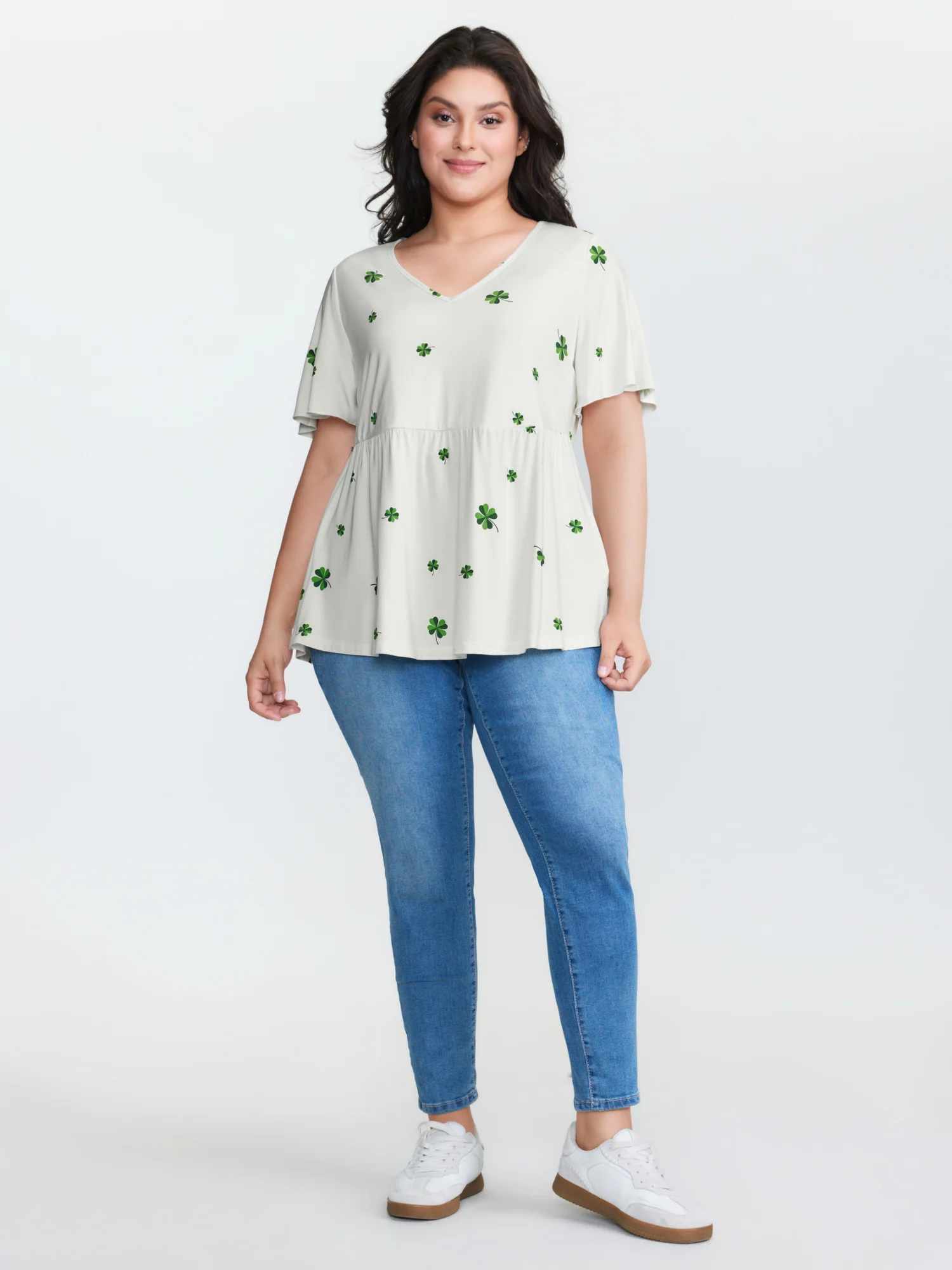 Stretchy Four Leaf Clover Print T-Shirt - Image 3