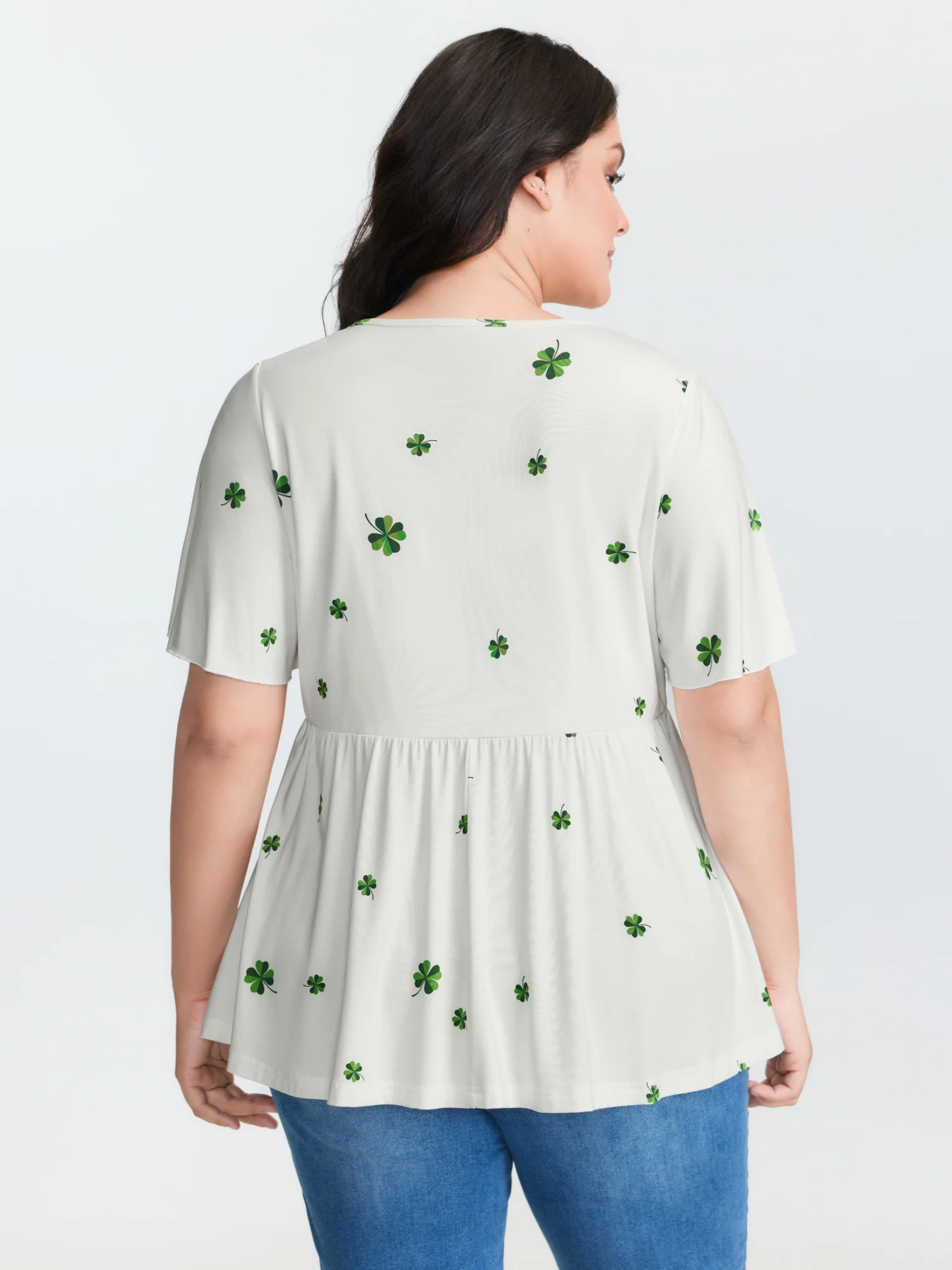 Stretchy Four Leaf Clover Print T-Shirt - Image 5