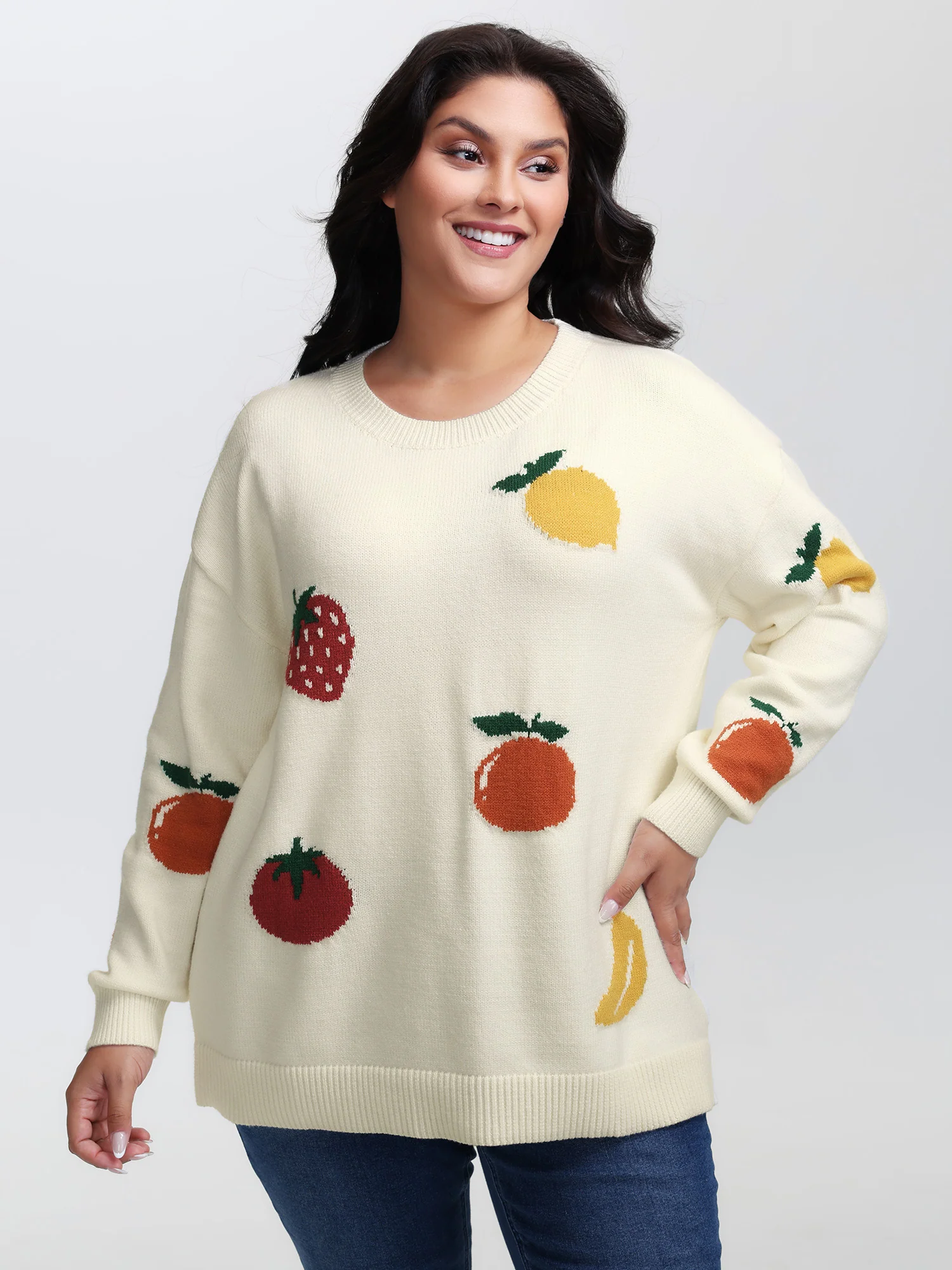 Supersoft Stretchy Fruit Pattern Ribbed Hem Pullover - Image 2